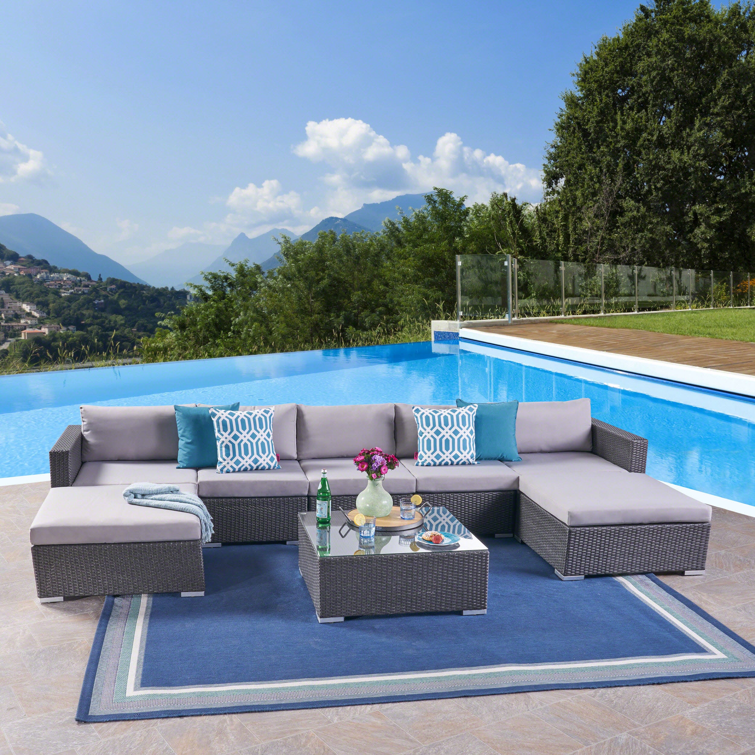 Tom Rosa Outdoor 5 Seater Wicker Sectional Sofa Set with Cushions - furnishings