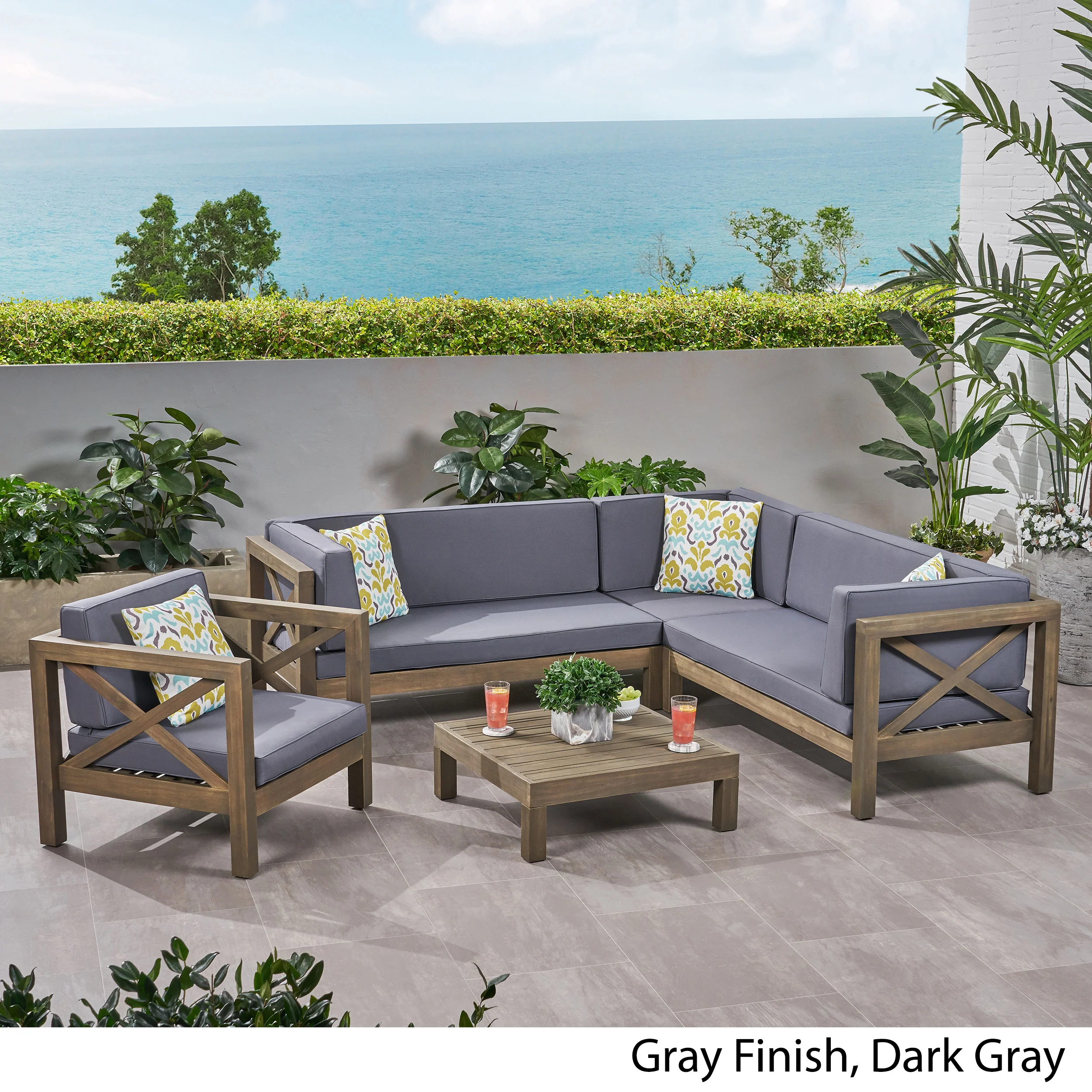 Morgan Outdoor 6 Seater Acacia Wood Sectional Sofa and Club Chair Set - furnishings