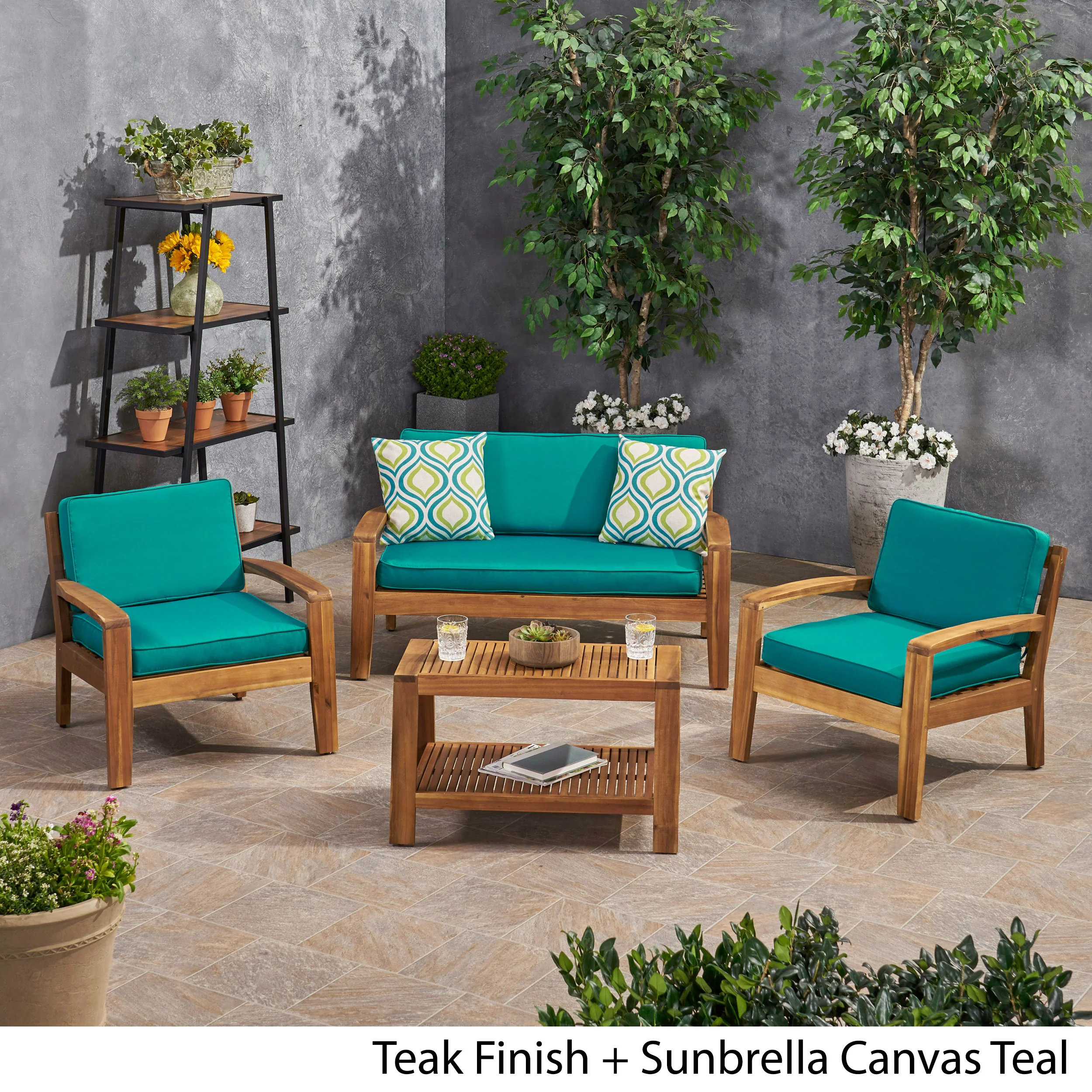 Parma Patio Acacia Wood 4-Seater Conversation Set with Coffee Table and Sunbrella Cushions - furnishings