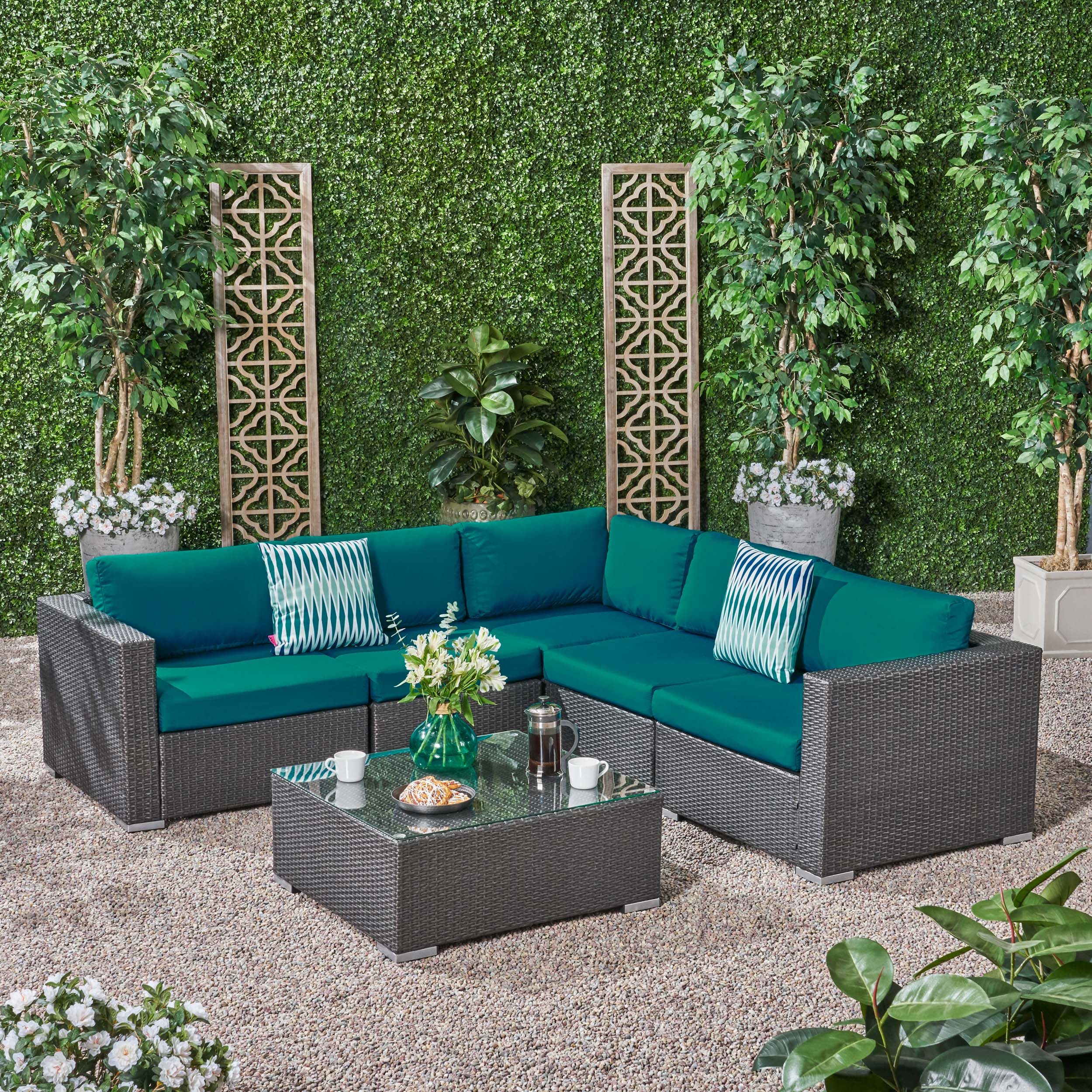 Kyra Outdoor 5 Seater Wicker Sectional Sofa Set with Sunbrella Cushions - furnishings