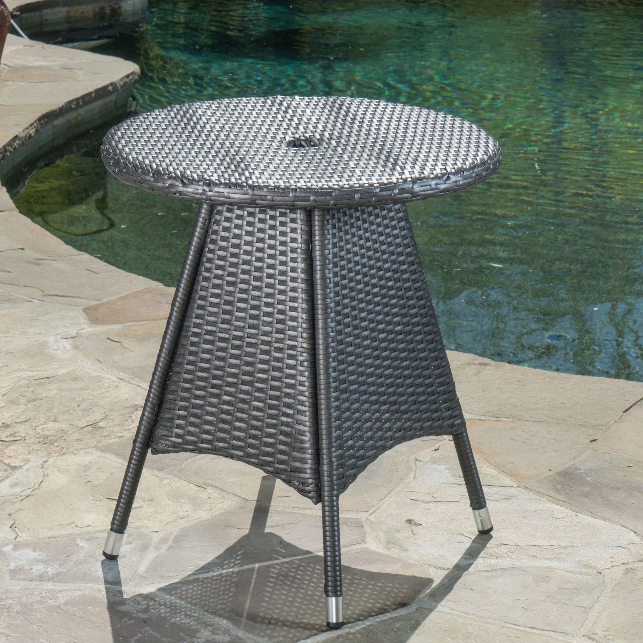Bristle Outdoor Round Gray Wicker Bistro Table with Umbrella Hole - furnishings