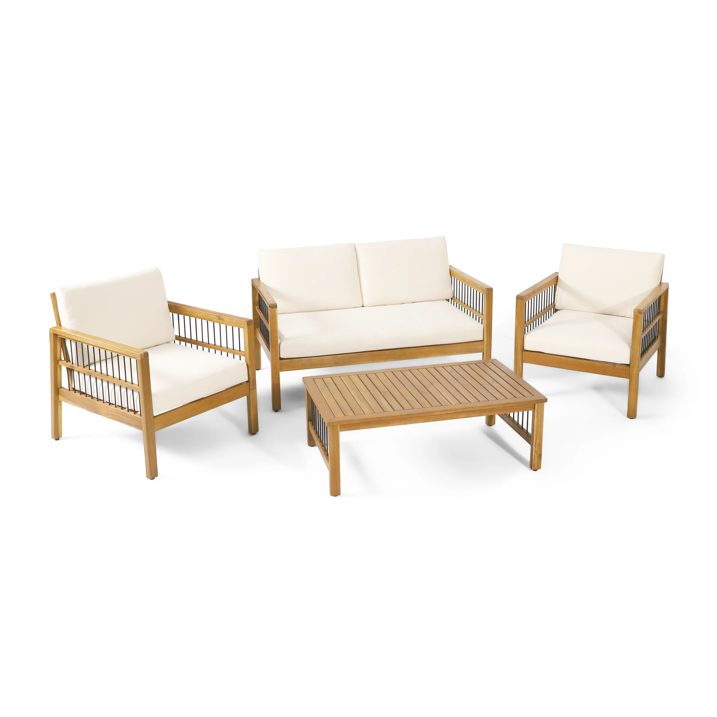 Sagewood Outdoor Acacia Wood Chat Set with Cushions, Teak and Beige - furnishings
