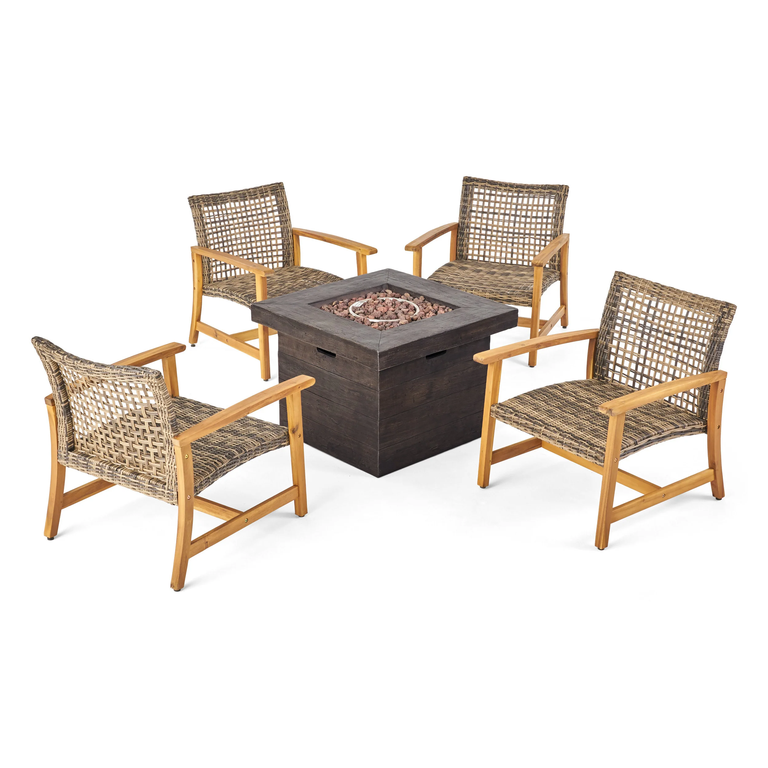 Rachel Outdoor 5 Piece Wood and Wicker Club Chairs and Fire Pit Set - furnishings