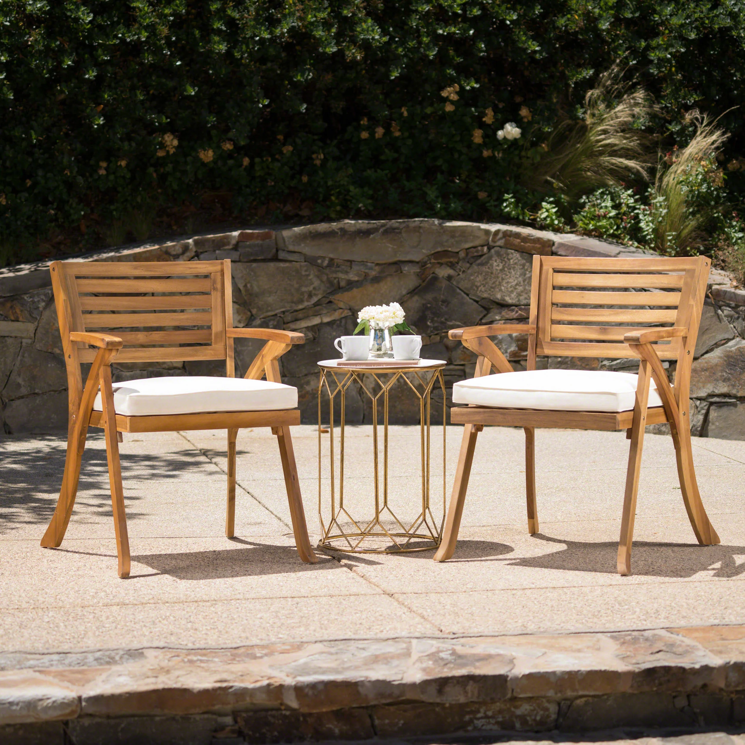 Helen Outdoor Teak Finish Acacia Wood Arm Chair (Set of 2) - furnishings