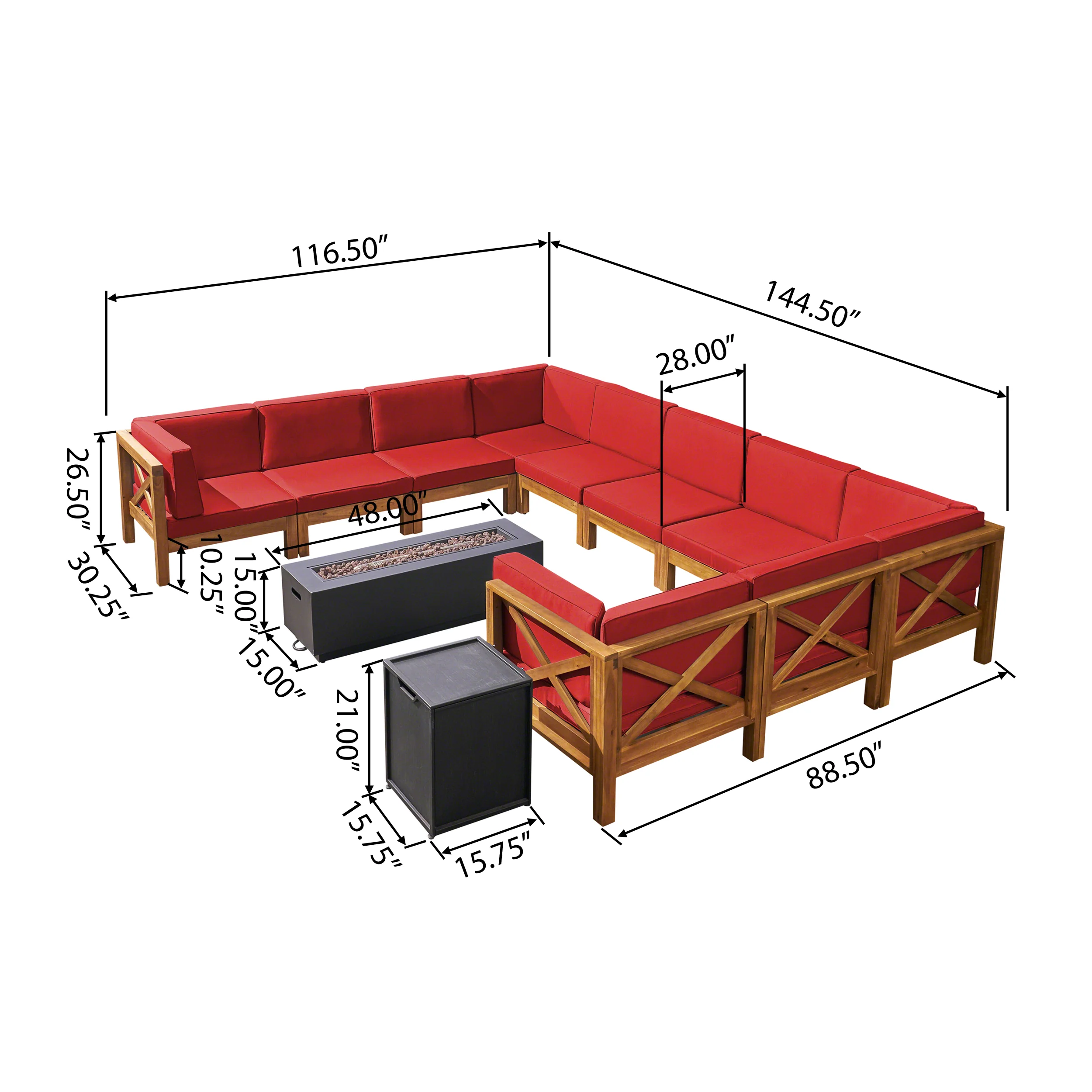 Lorelei Outdoor Acacia Wood 10 Seater U-Shaped Sectional Sofa Set with Fire Pit - furnishings