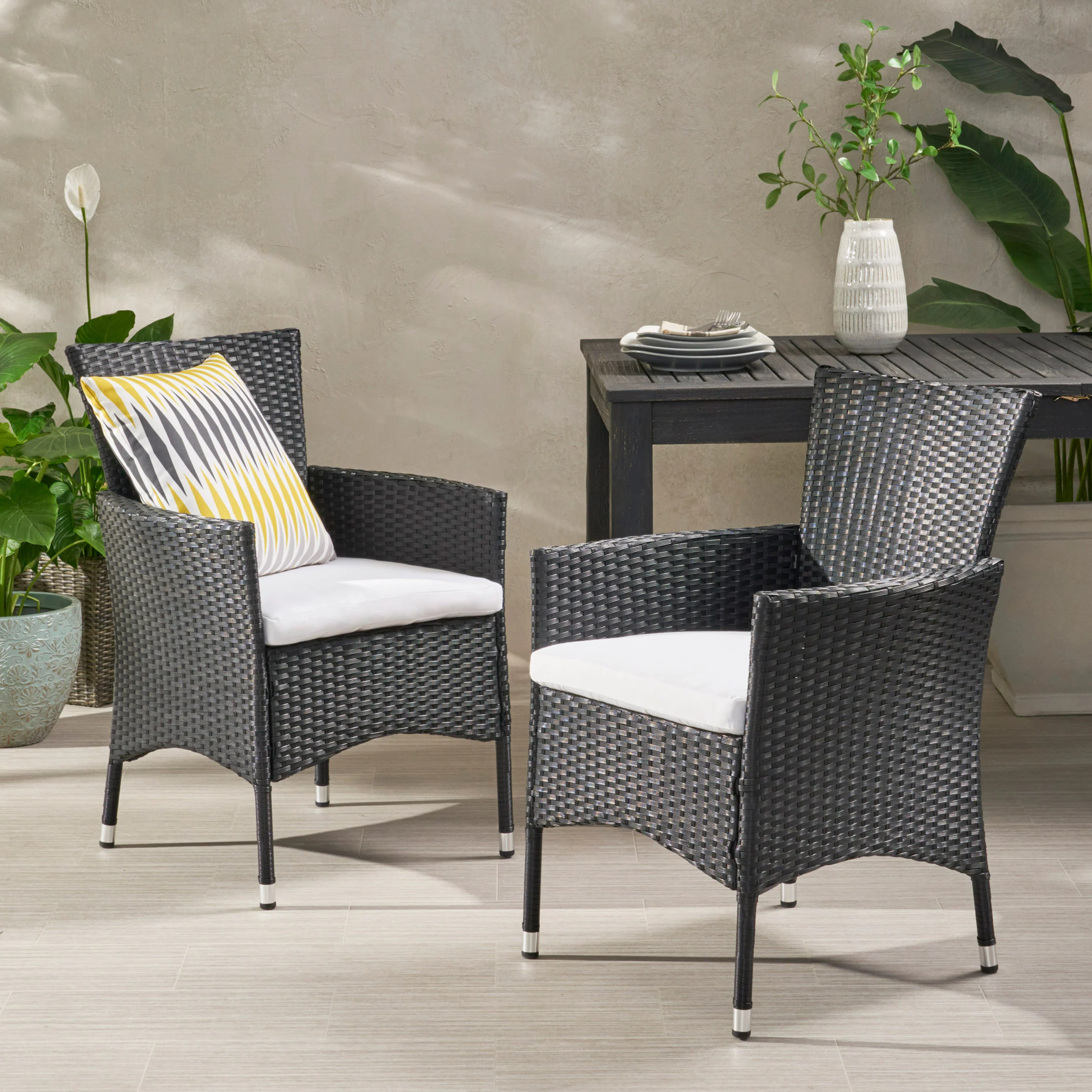 Clementine Outdoor Wicker Dining Chairs with Water Resistant Cushions - Set of 2 - furnishings