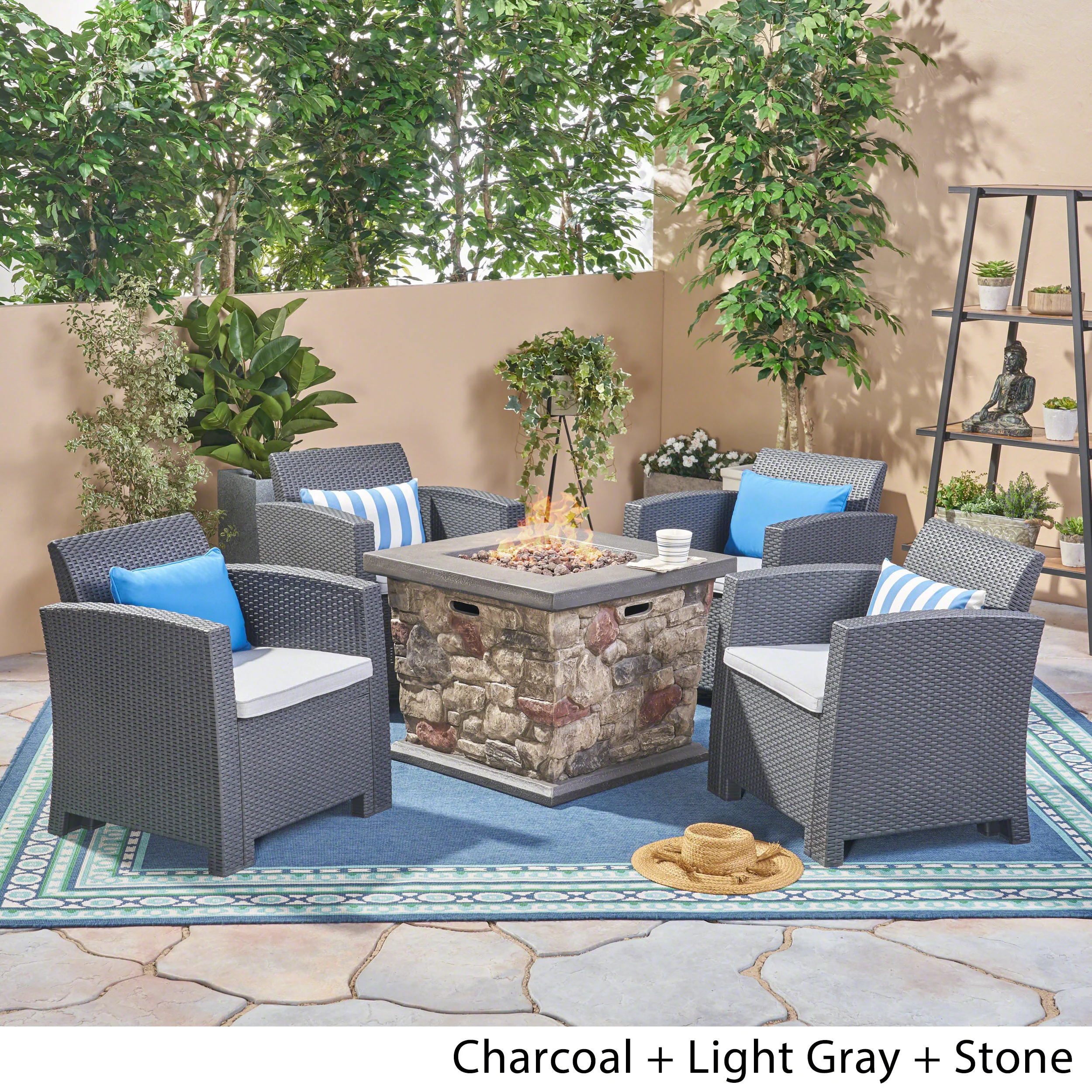 Maggie Outdoor 4-Seater Wicker Print Club Chair Chat Set With Fire Pit - furnishings
