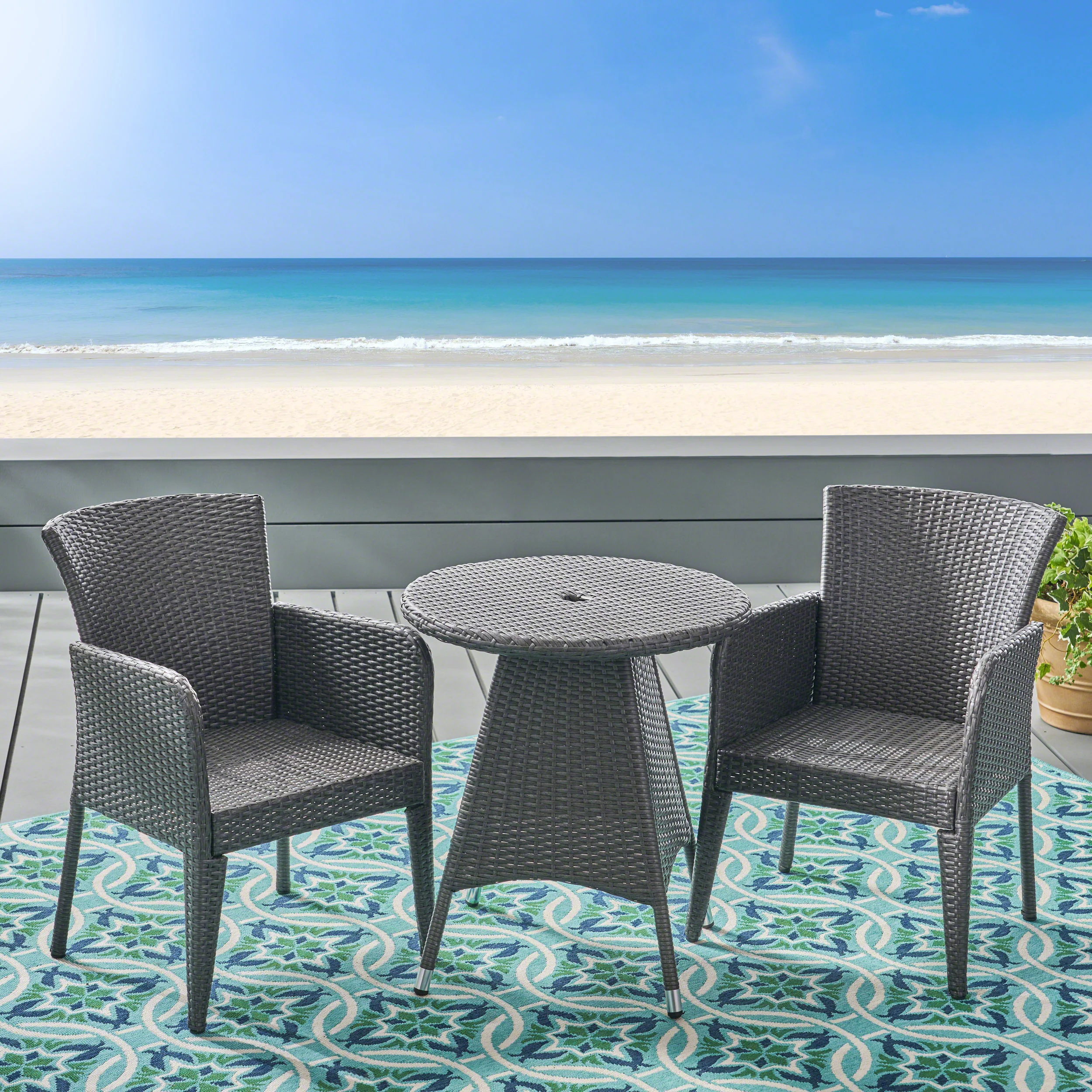 Dilon Outdoor Transitional 3-Piece Gray Wicker Bistro Set with Umbrella Hole - furnishings