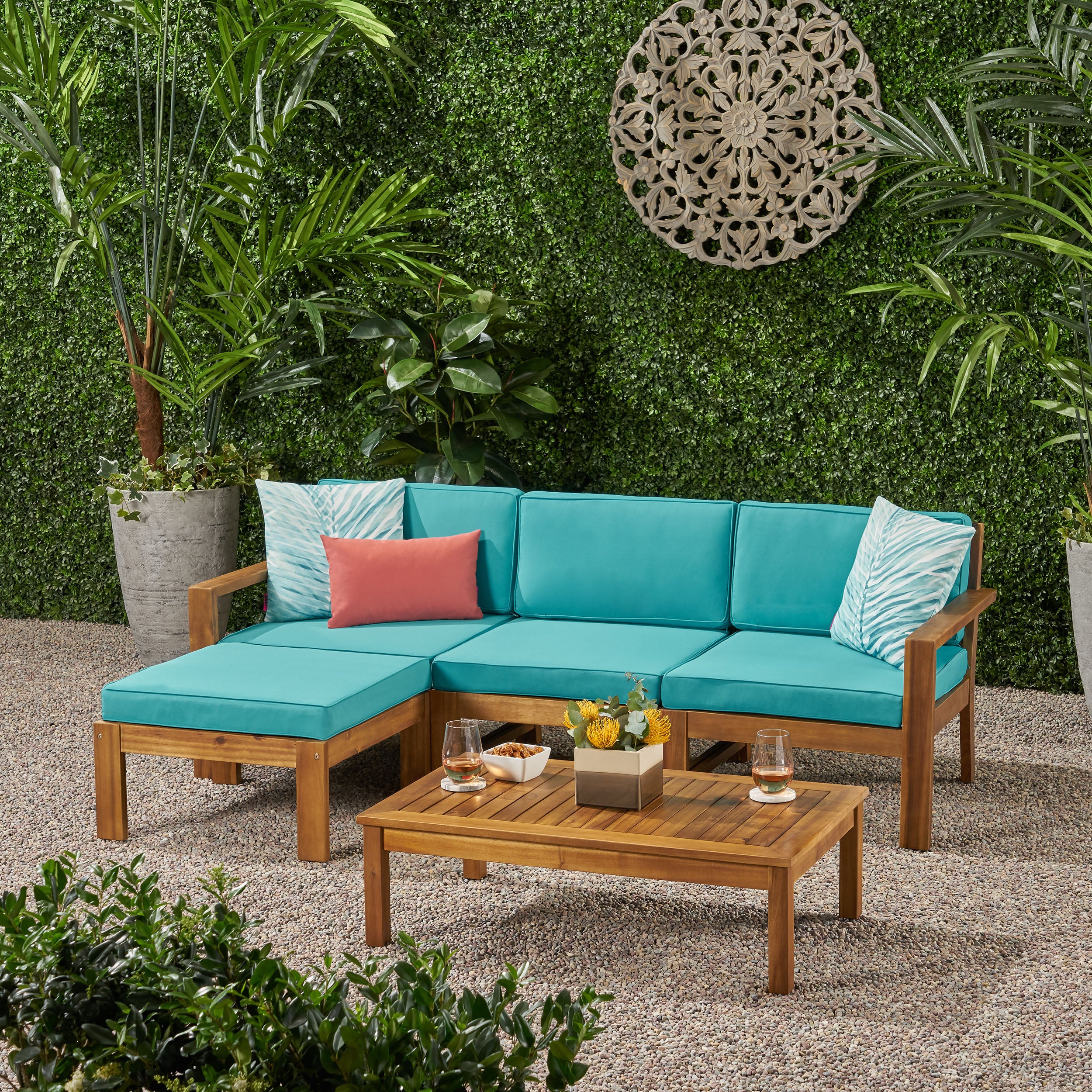 Makayla Ana Outdoor 3 Seater Acacia Wood Sofa Sectional with Cushions - furnishings