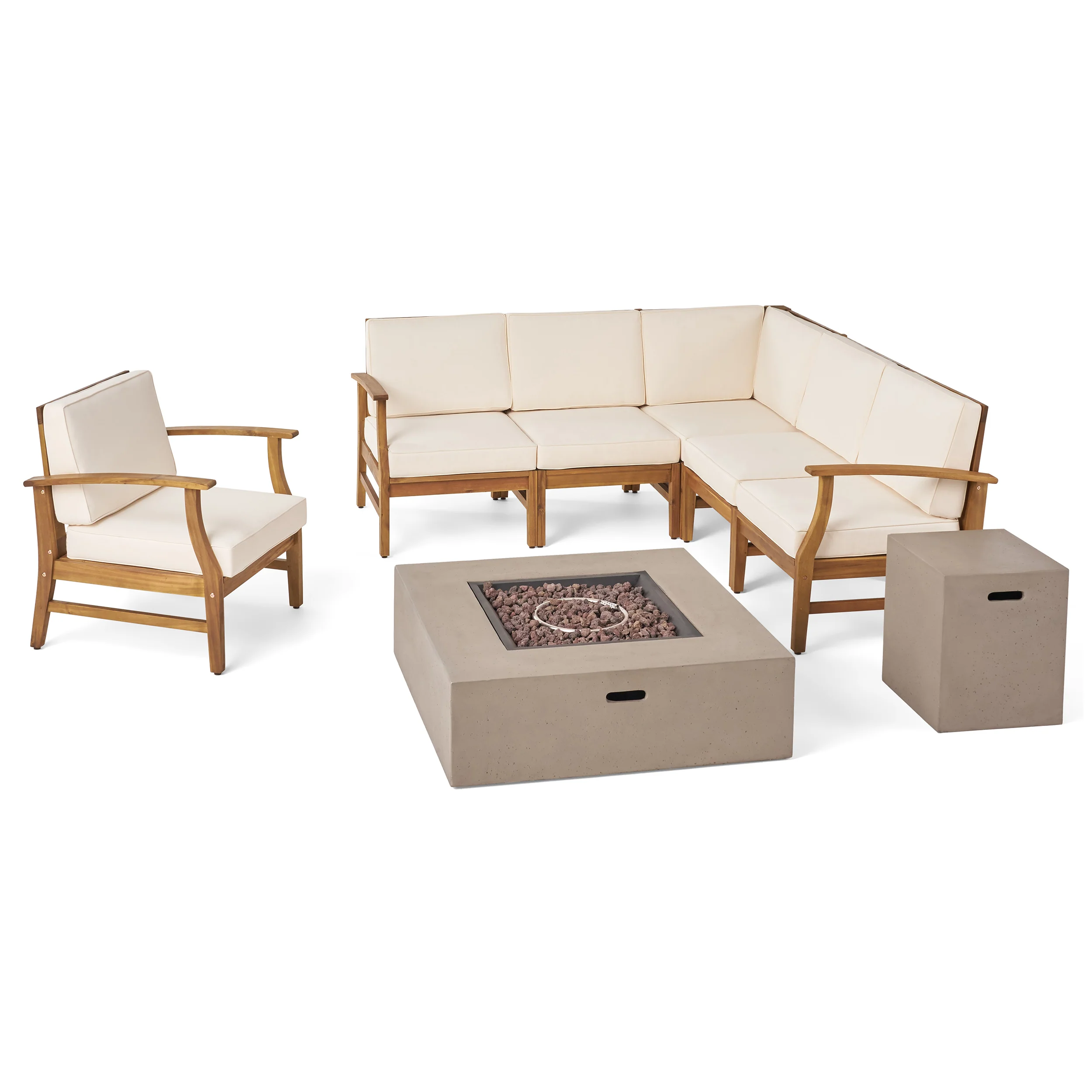 Nyeemah Outdoor 6 Seater Acacia Wood Sofa Set with Square Fire Table and Tank - furnishings