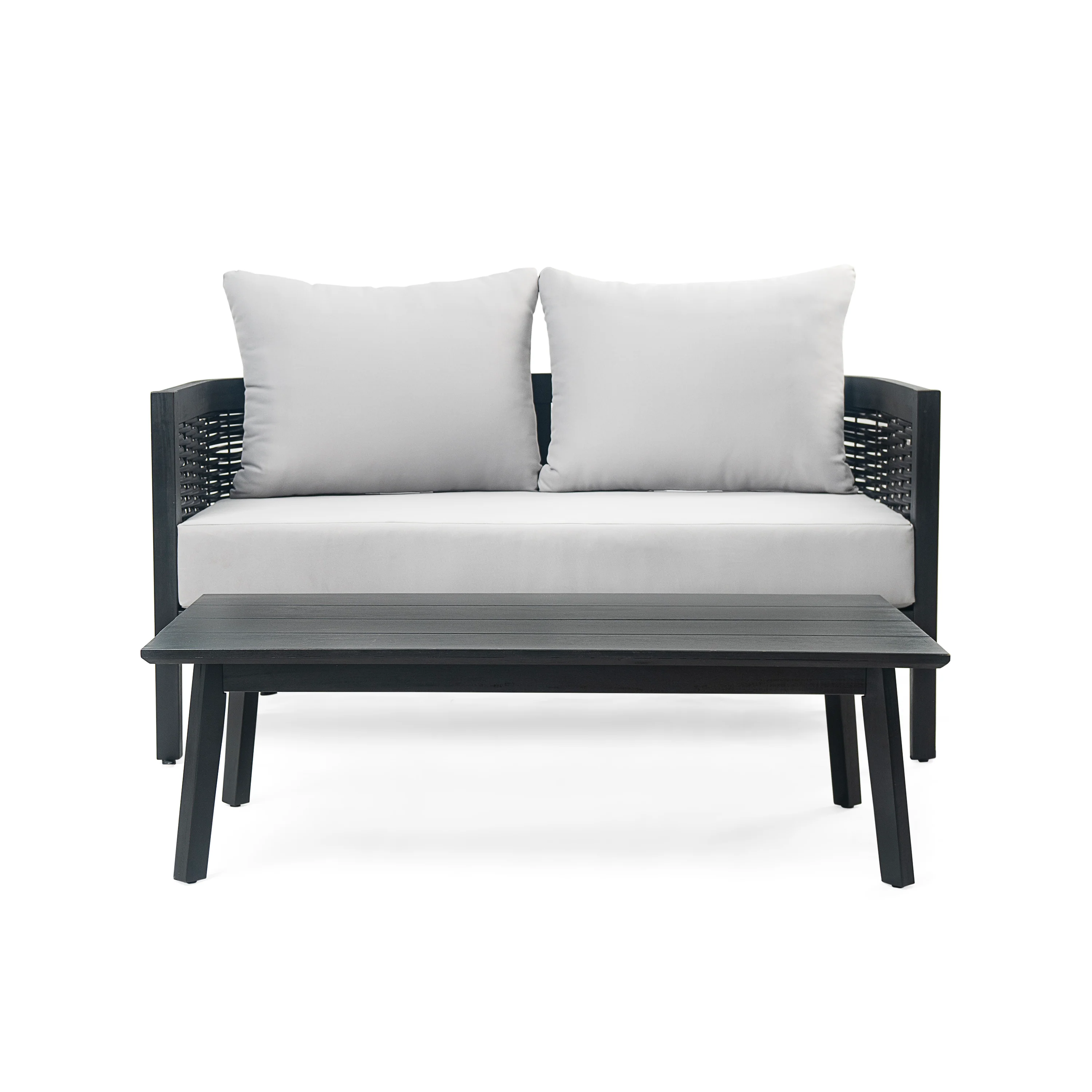 Ridgea Wood and Wicker Patio Conversation Set with Light Grey Cushions, Set of 2 - furnishings