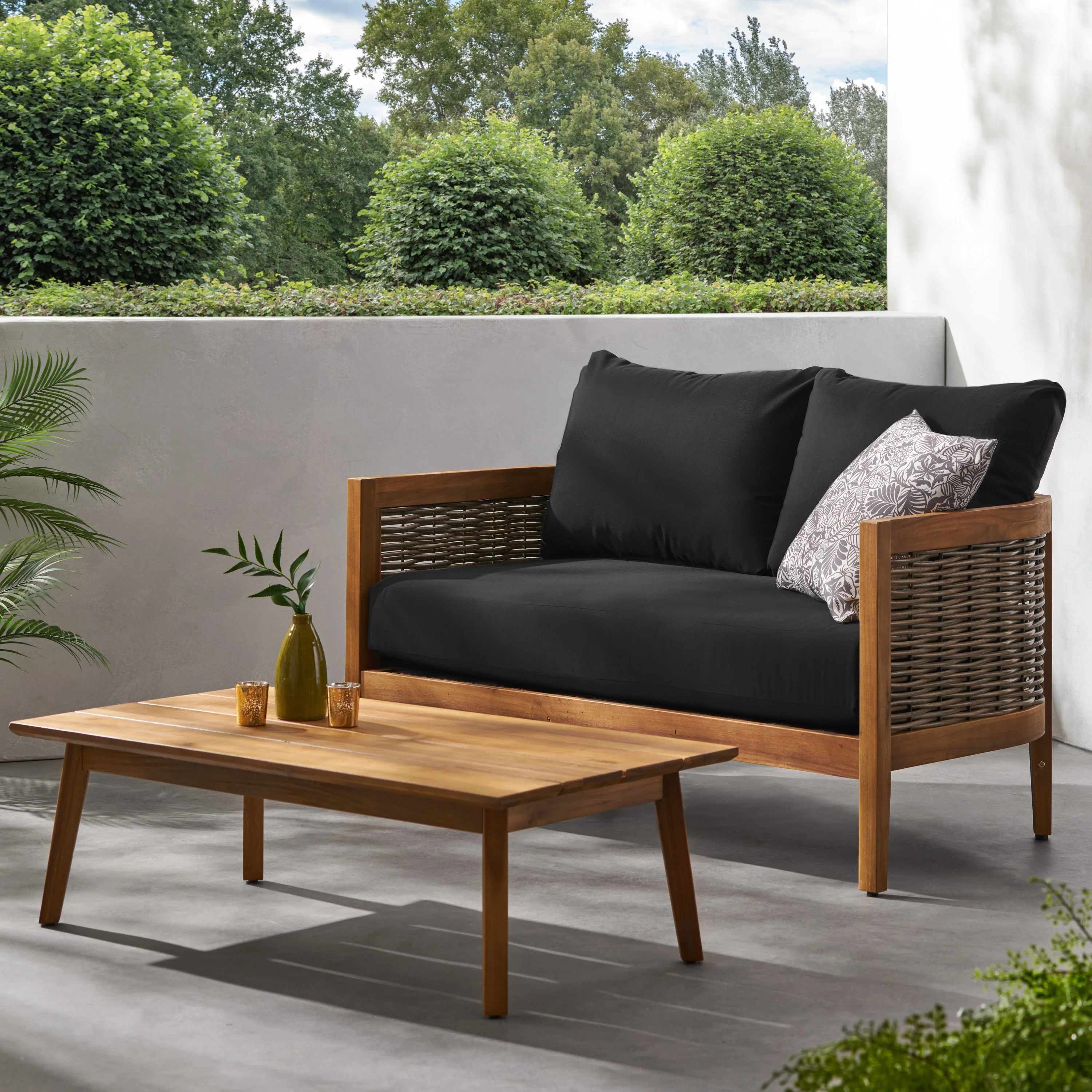 The Crowne Collection Outdoor Acacia Wood and Wicker Loveseat and Coffee Table Set with Sunbrella Cushions - furnishings