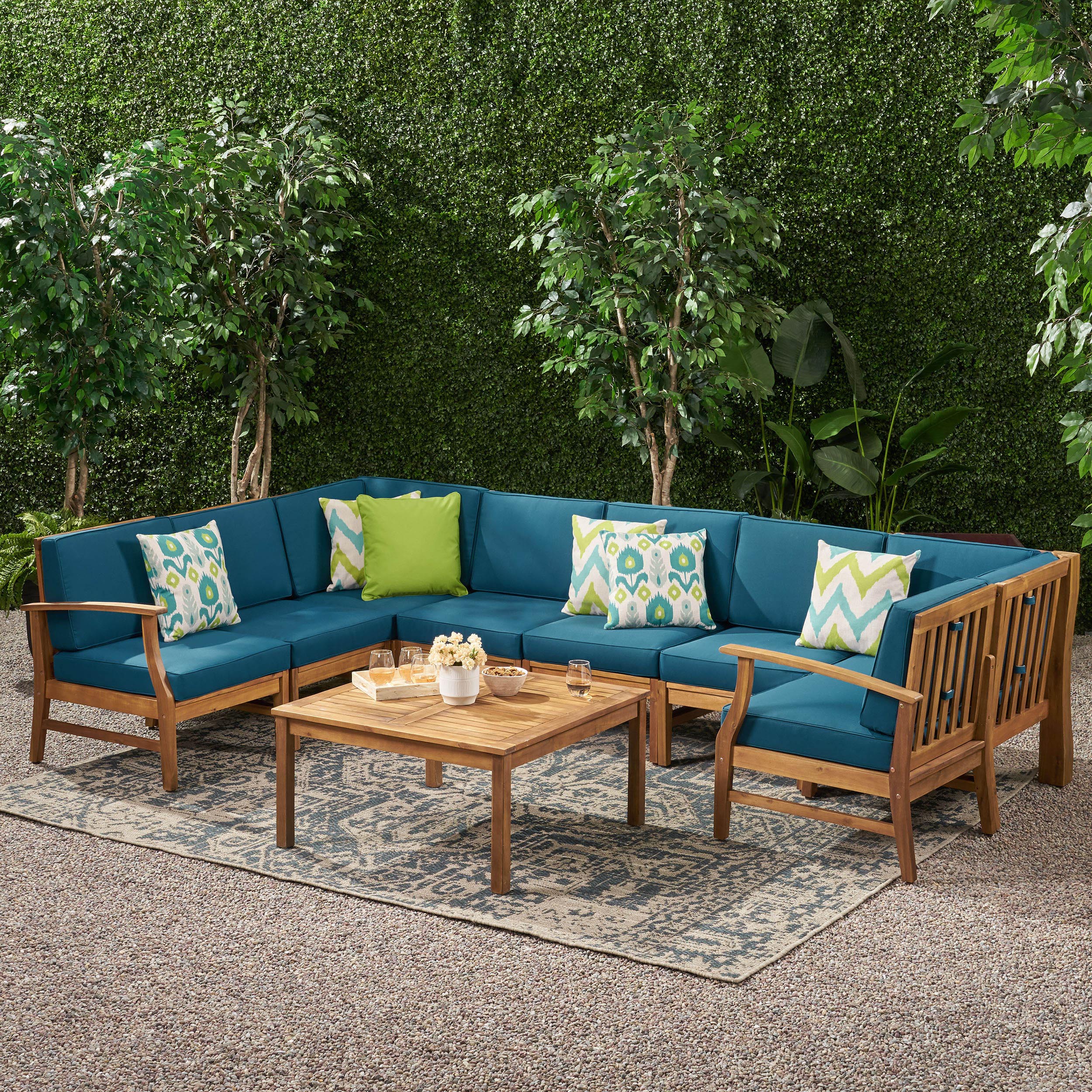 Scarlett Outdoor 8 Seat Teak Finished Acacia Wood Sectional Sofa and Table Set - furnishings