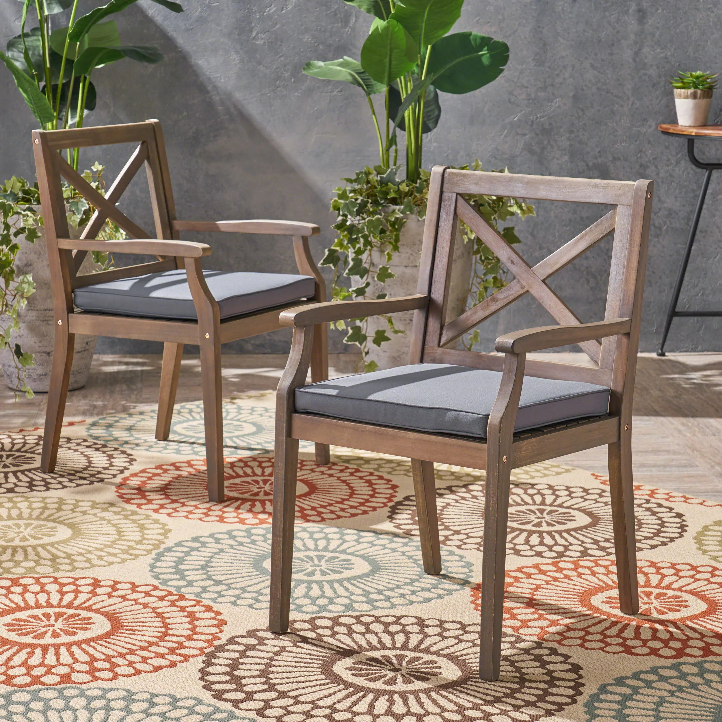 Peter Outdoor Acacia Wood Dining Chair (Set of 2), Grey with Grey Cushions - furnishings