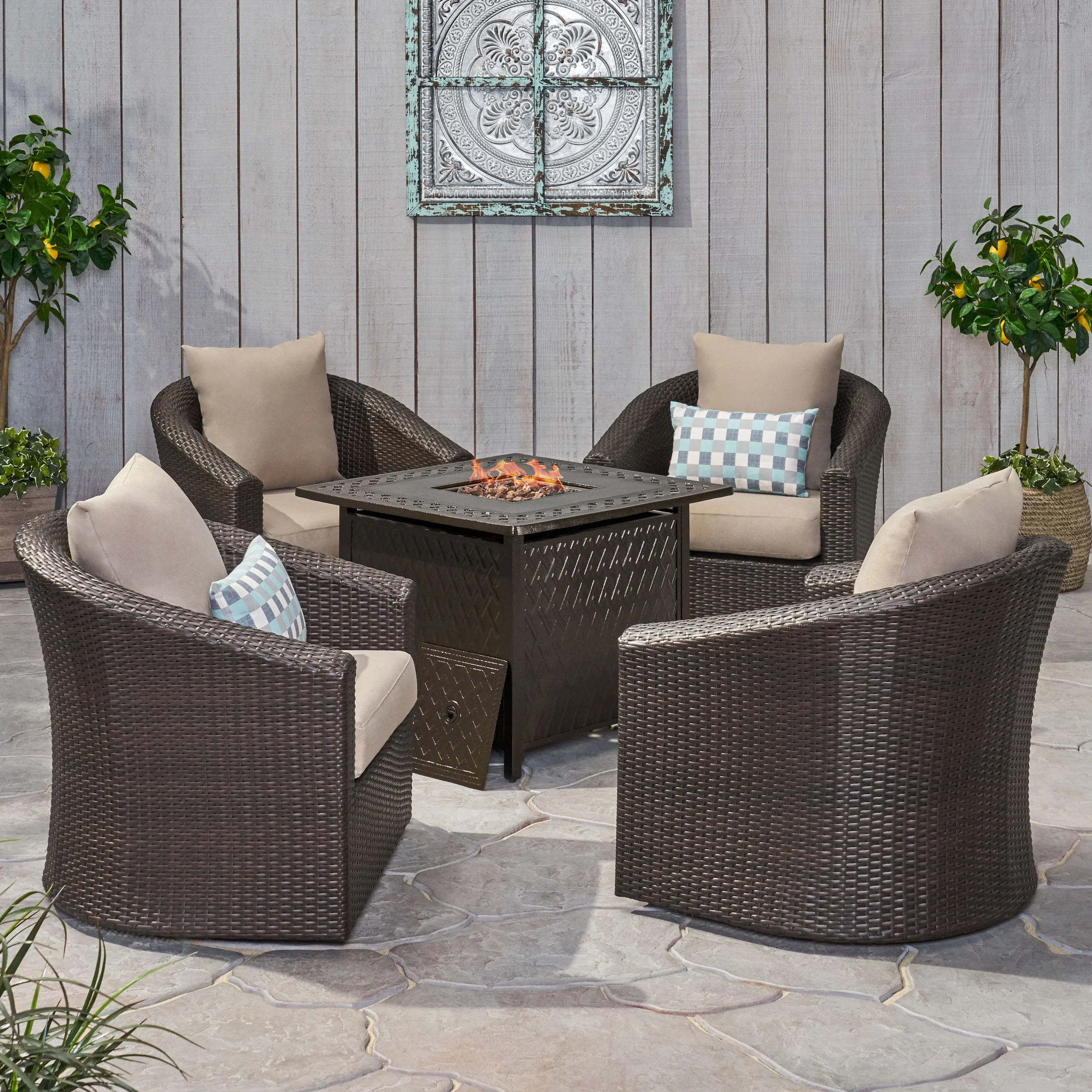 Dillard Outdoor 4 Seater Wicker Swivel Chair and Fire Pit Set - furnishings