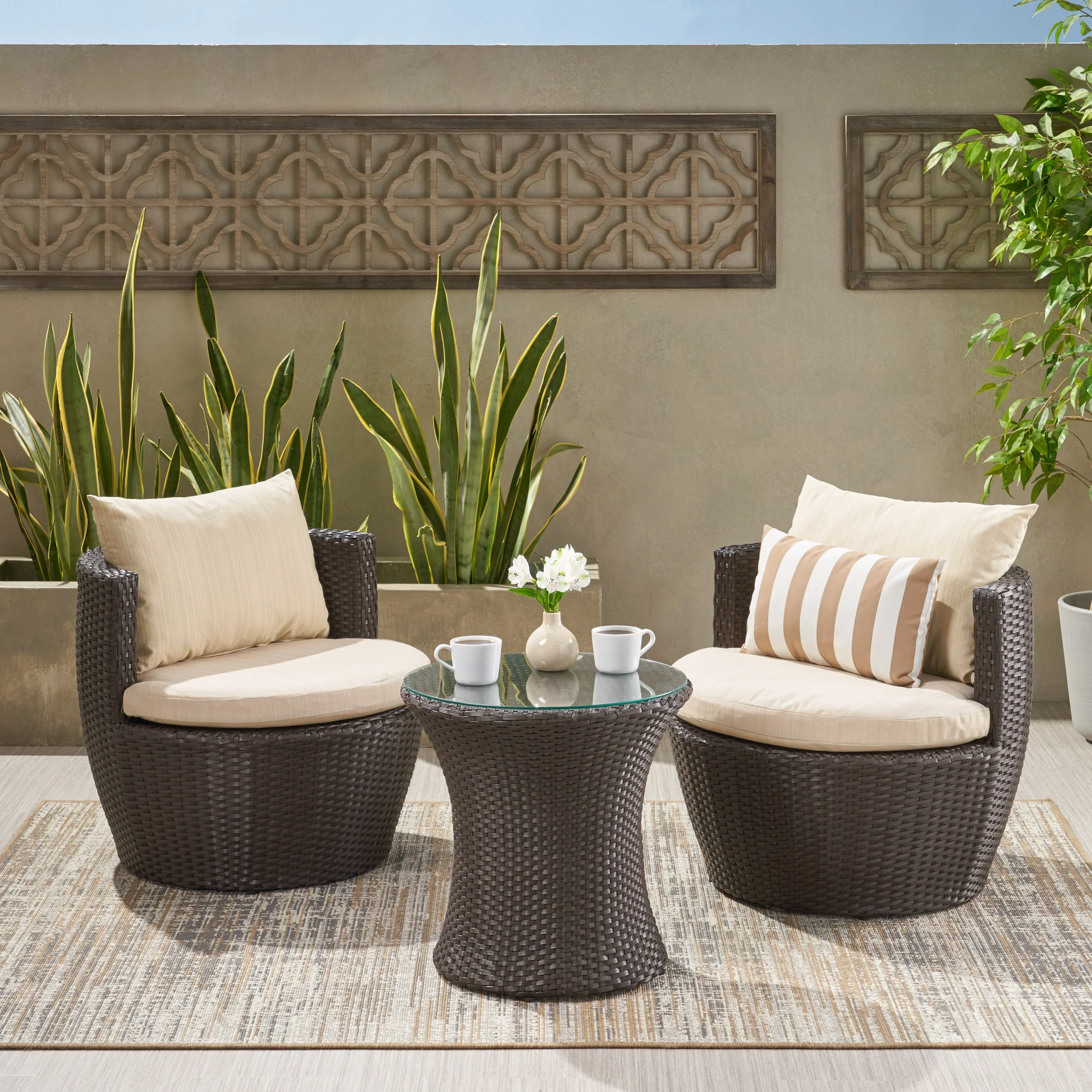 Kyoto Outdoor Round 3-Piece Brown Wicker Chat Set with Beige Cushions - furnishings