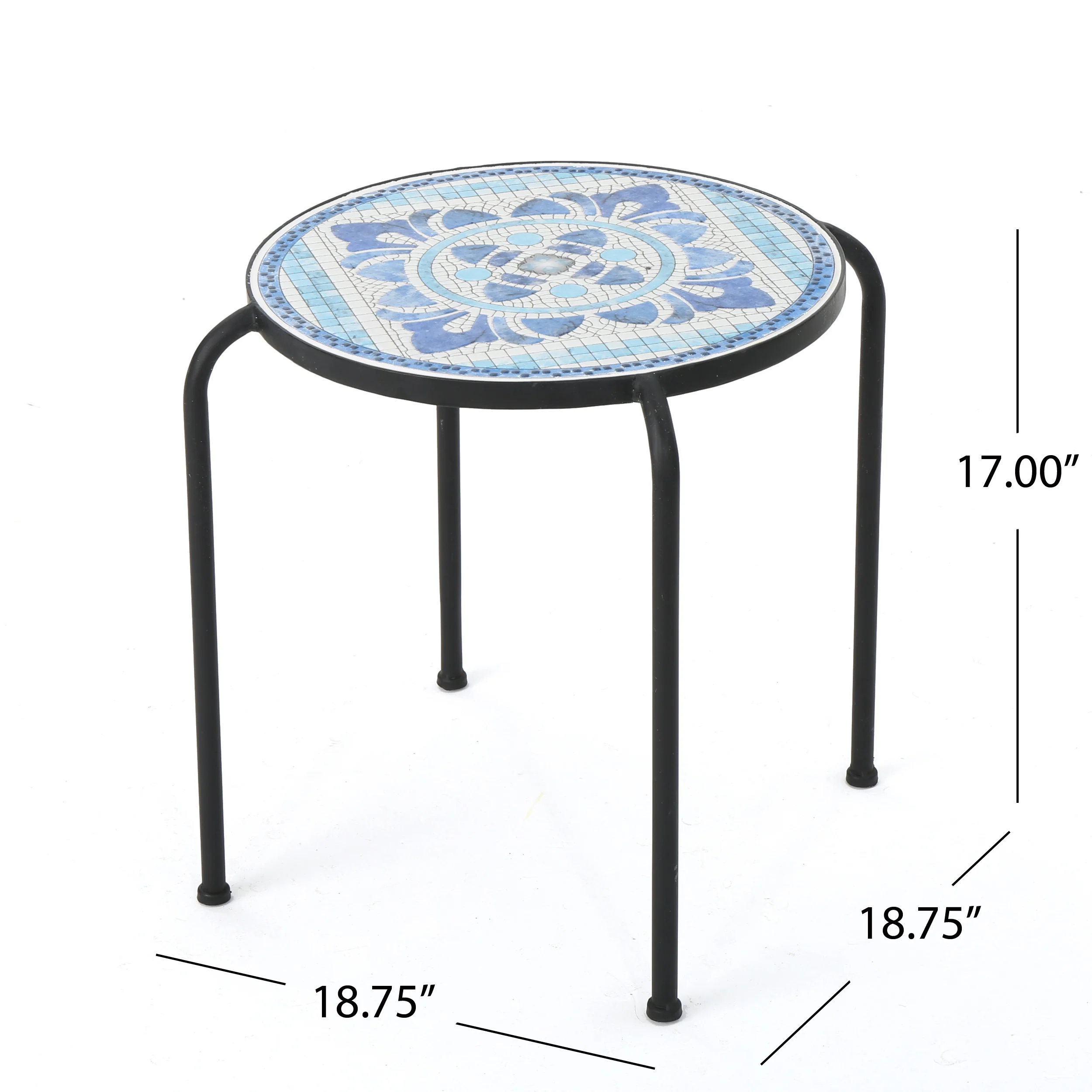 Sindarin Outdoor Blue & White Ceramic Tile Iron Frame Side Table - furnishings