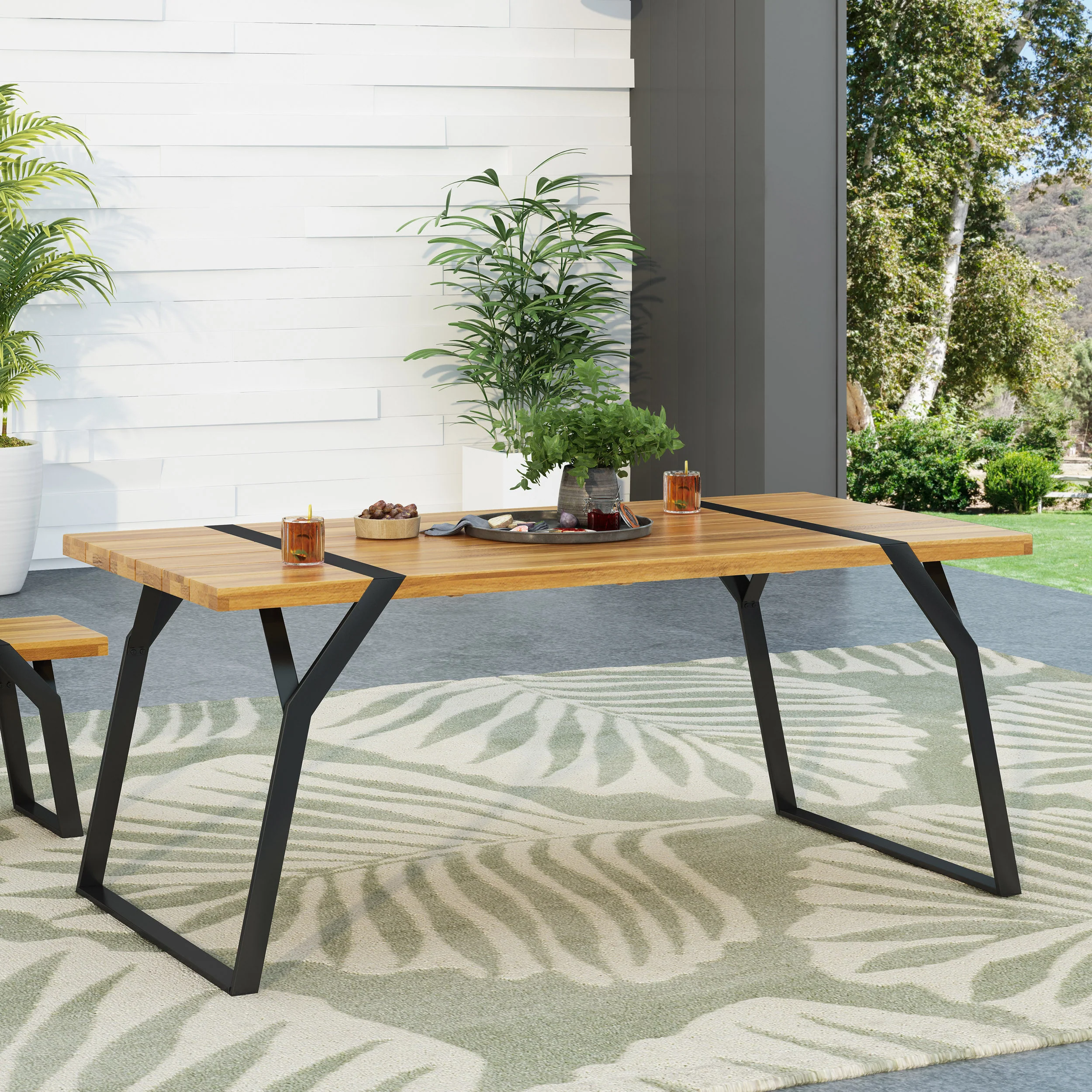 Pepple Outdoor Acacia Wood Dining Table, Teak and Black - furnishings