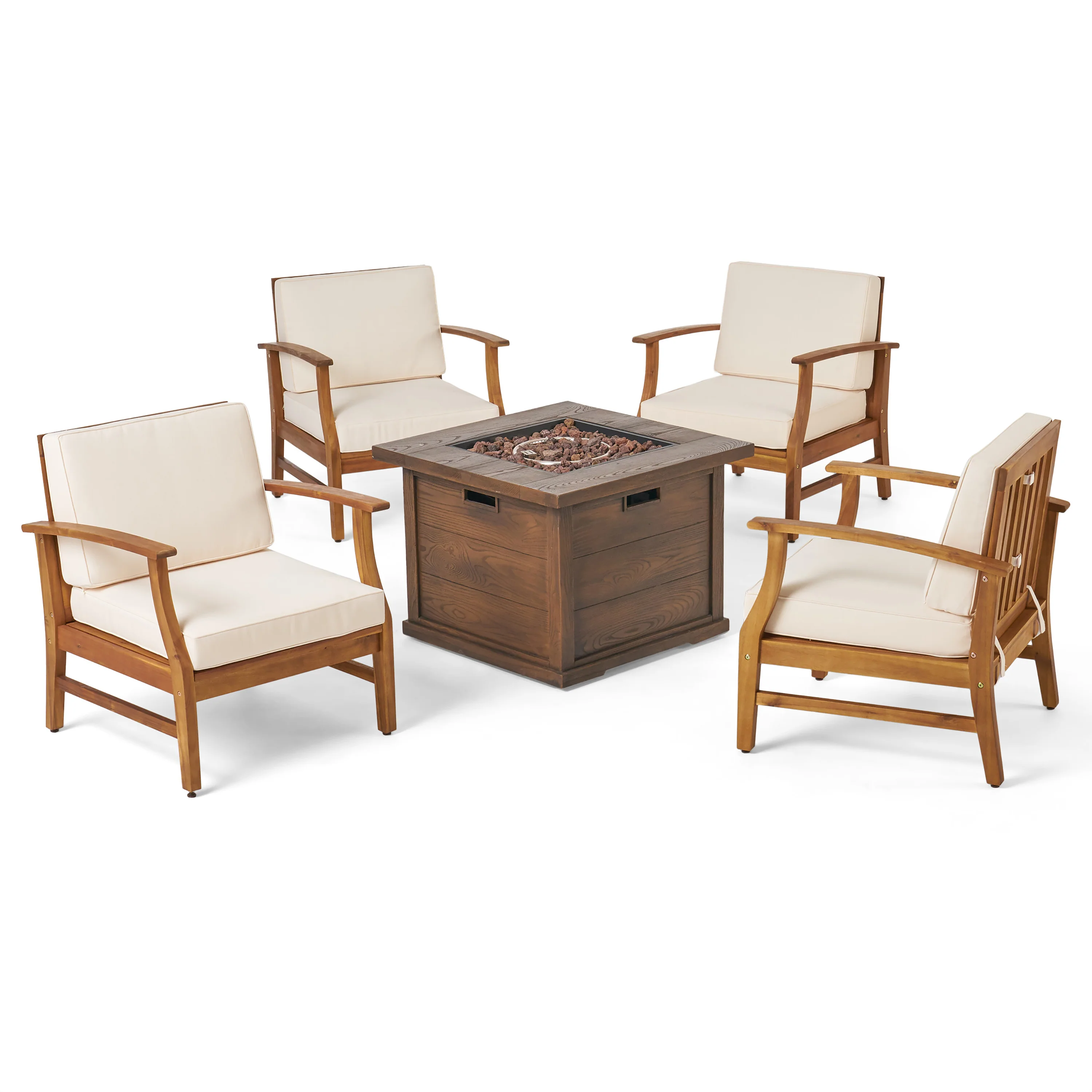 Lilith Outdoor 4 Seat Teak Finished Acacia Wood Club Chairs Fire Pit Chat Set - furnishings