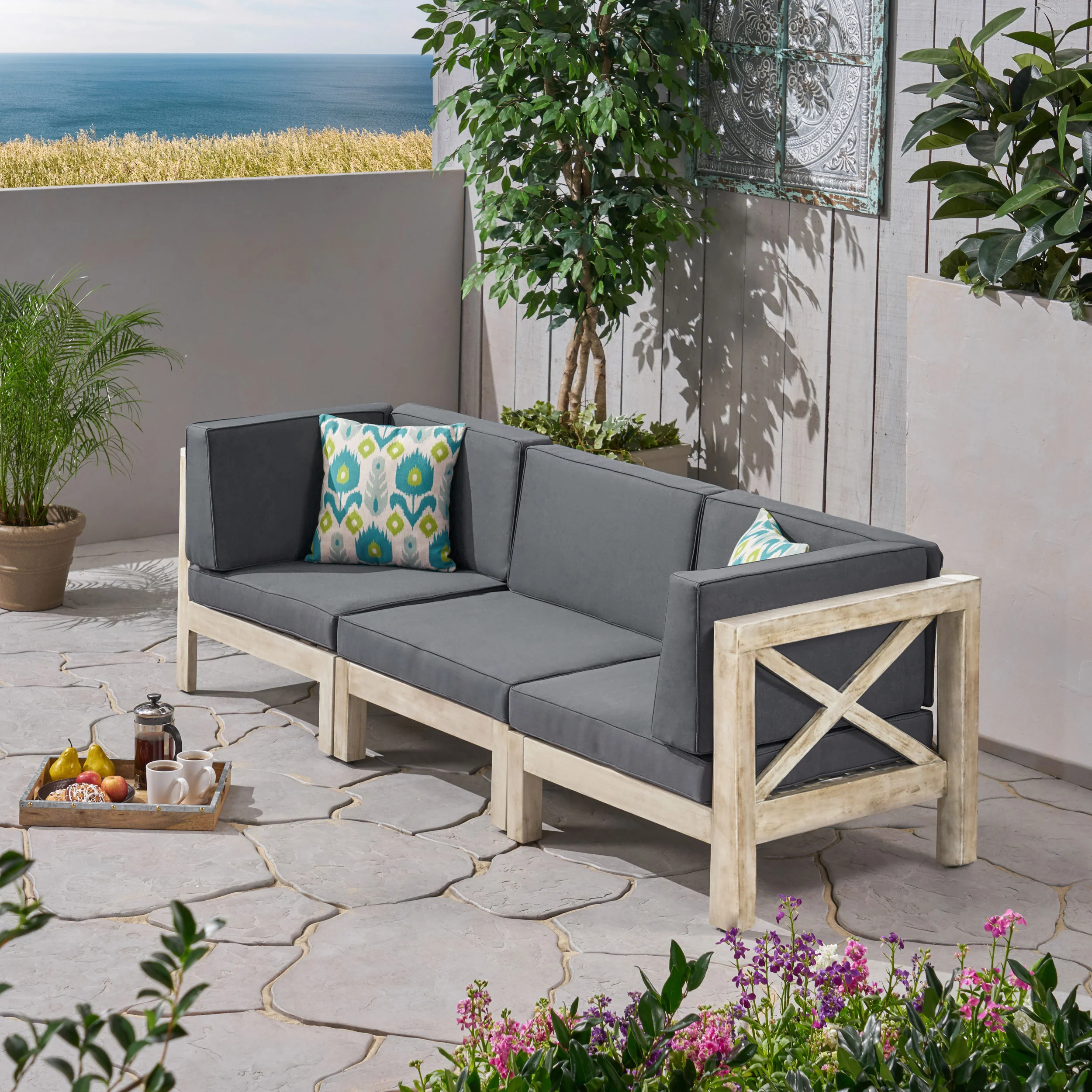 Brava Outdoor Modular Acacia Wood Sofa with Cushions - furnishings
