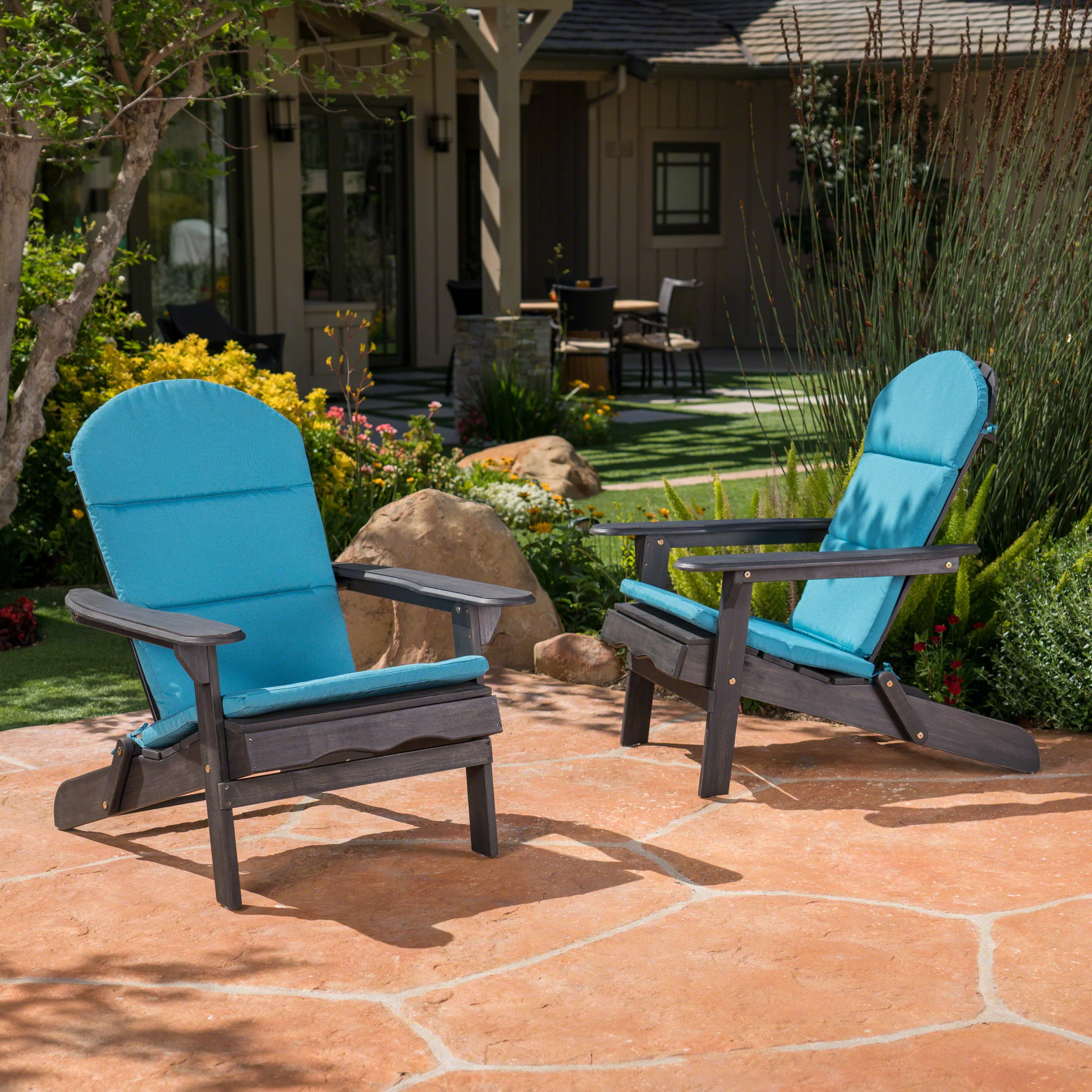 Nelie Outdoor Acacia Wood Folding Adirondack Chairs with Cushions - furnishings