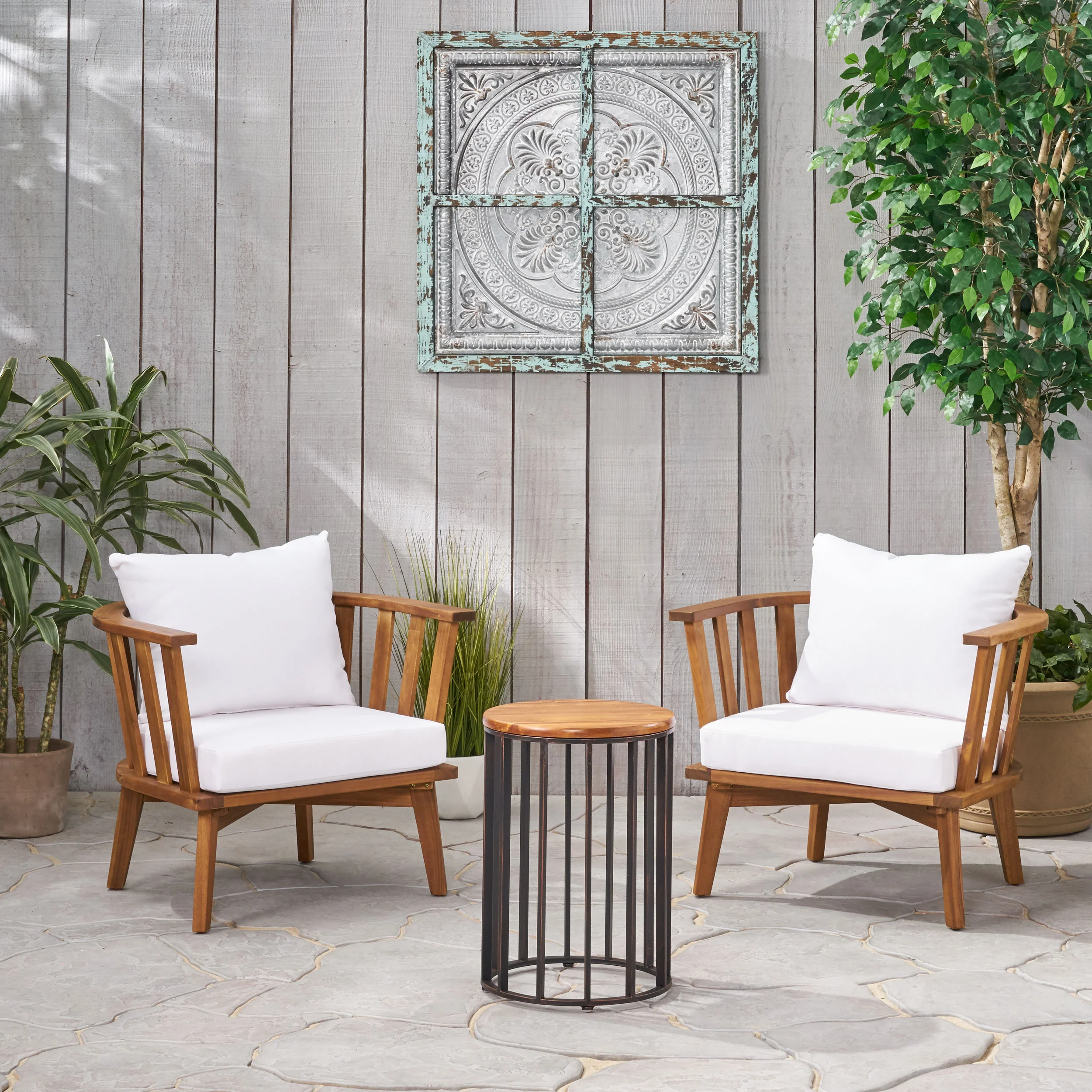 Heloise Outdoor Acacia Wood 2 Seater Club Chairs and Side Table Set - furnishings