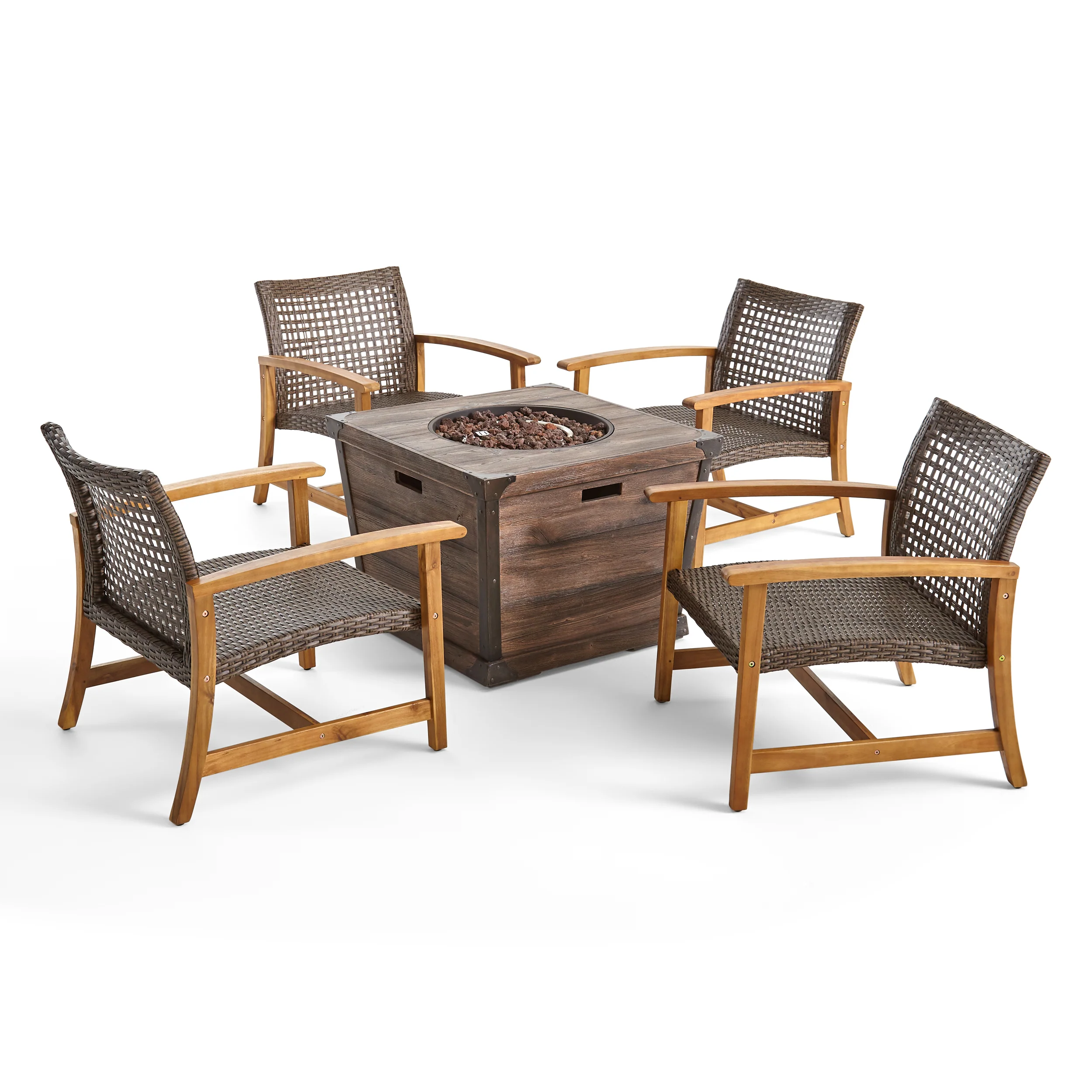 Levant Outdoor 4 Piece Wood and Wicker Club Chair Set with Fire Pit - furnishings