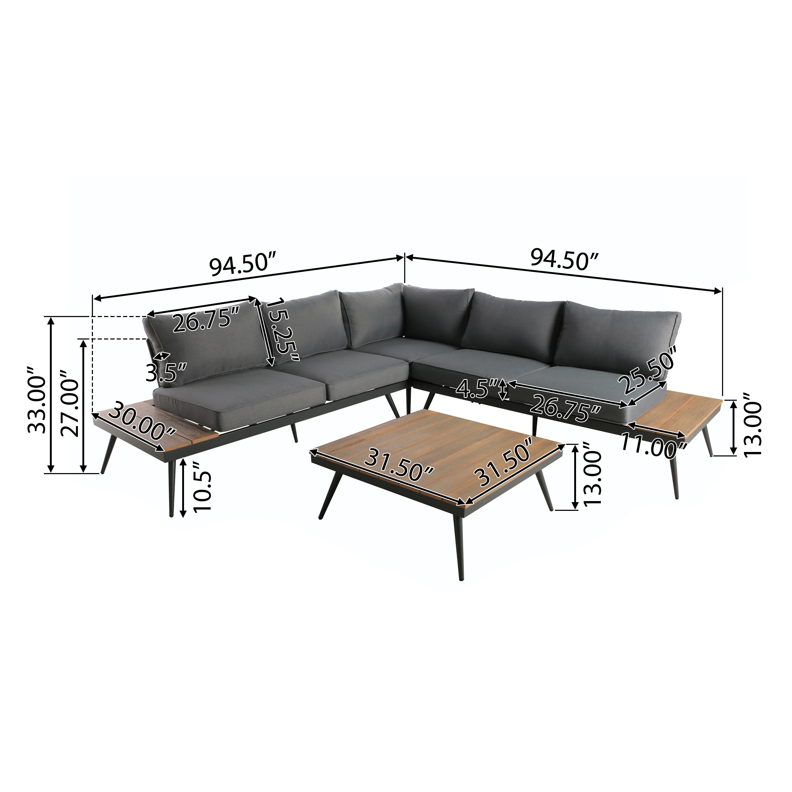 Deborah Outdoor Wood and Aluminum V-Shaped 5 Seater Sofa Set - furnishings
