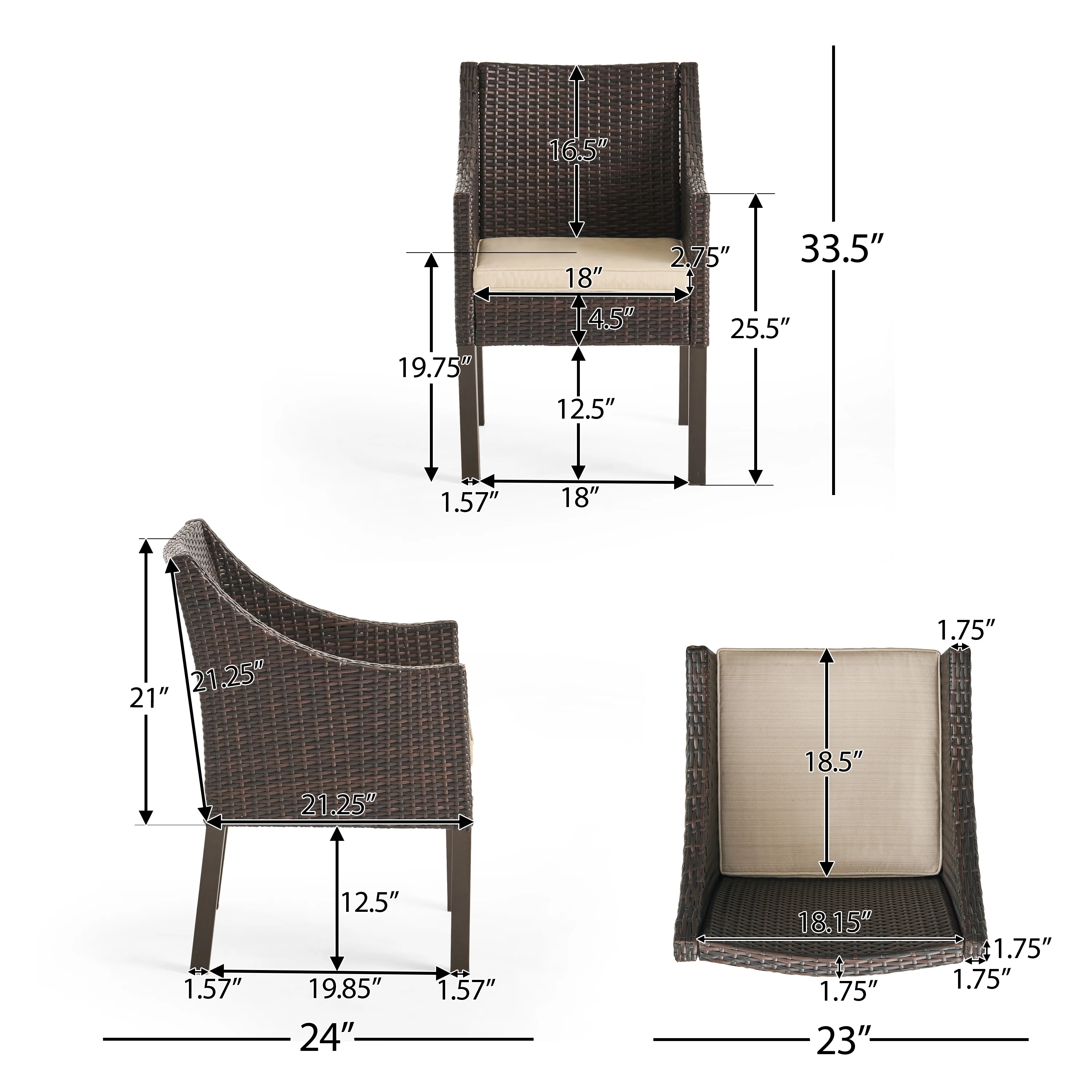 Janet Outdoor 3 Piece Wicker Chat Set, Multibrown with Beige Cushions - furnishings