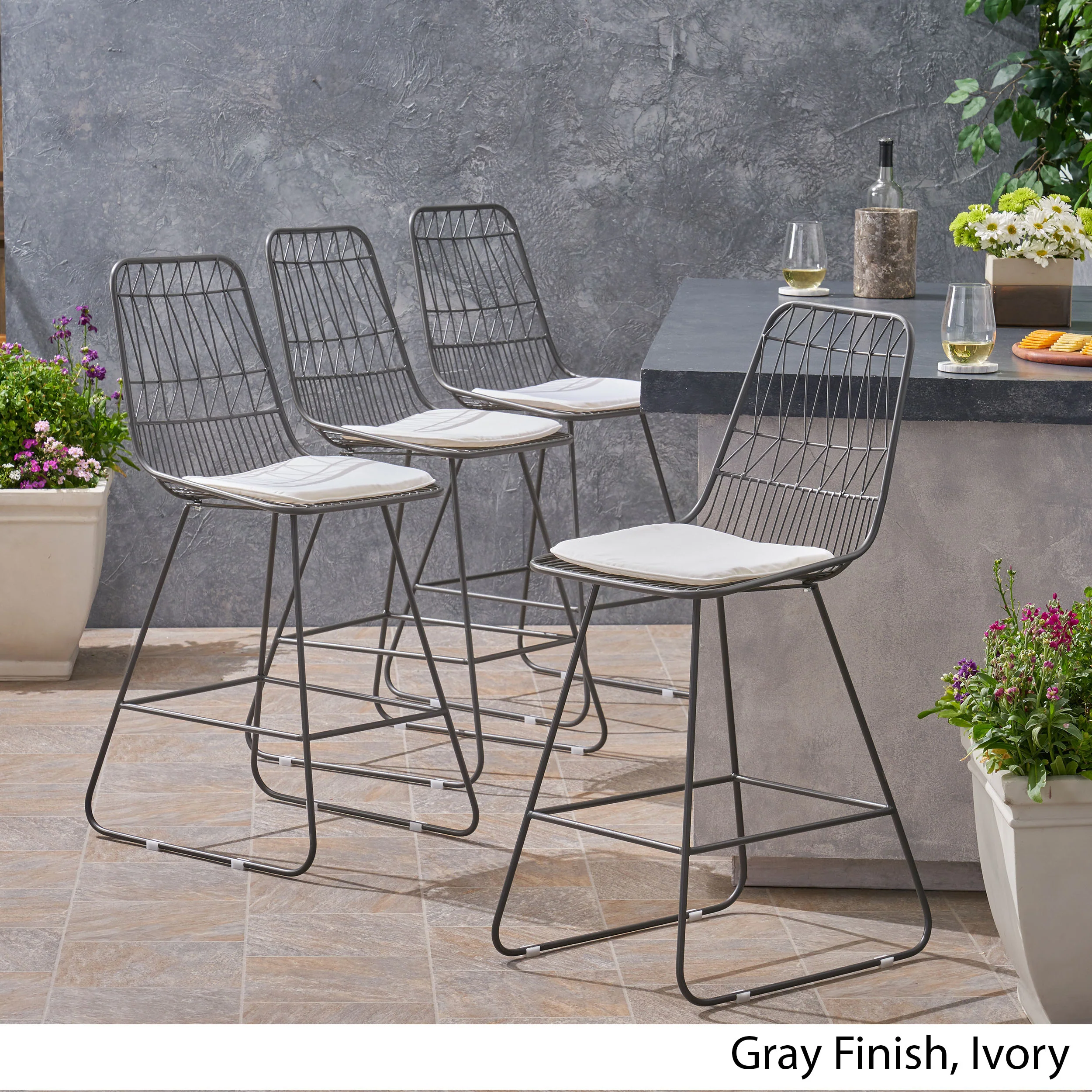 Hedy Outdoor Wire Counter Stools with Cushions (Set of 4) - furnishings