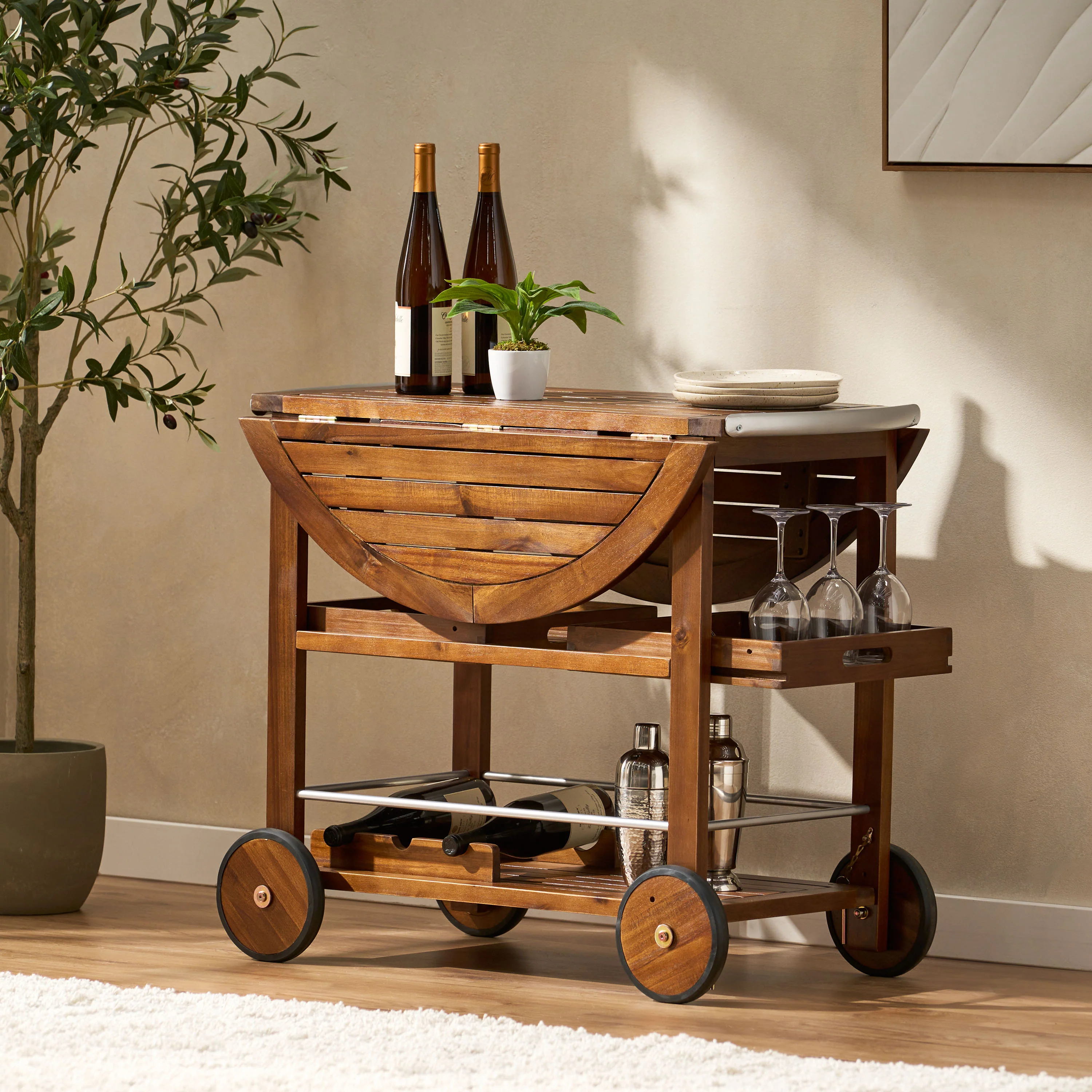 Cyndy Farmhouse Cottage Dark Oak Acacia Wood Bar Cart - furnishings