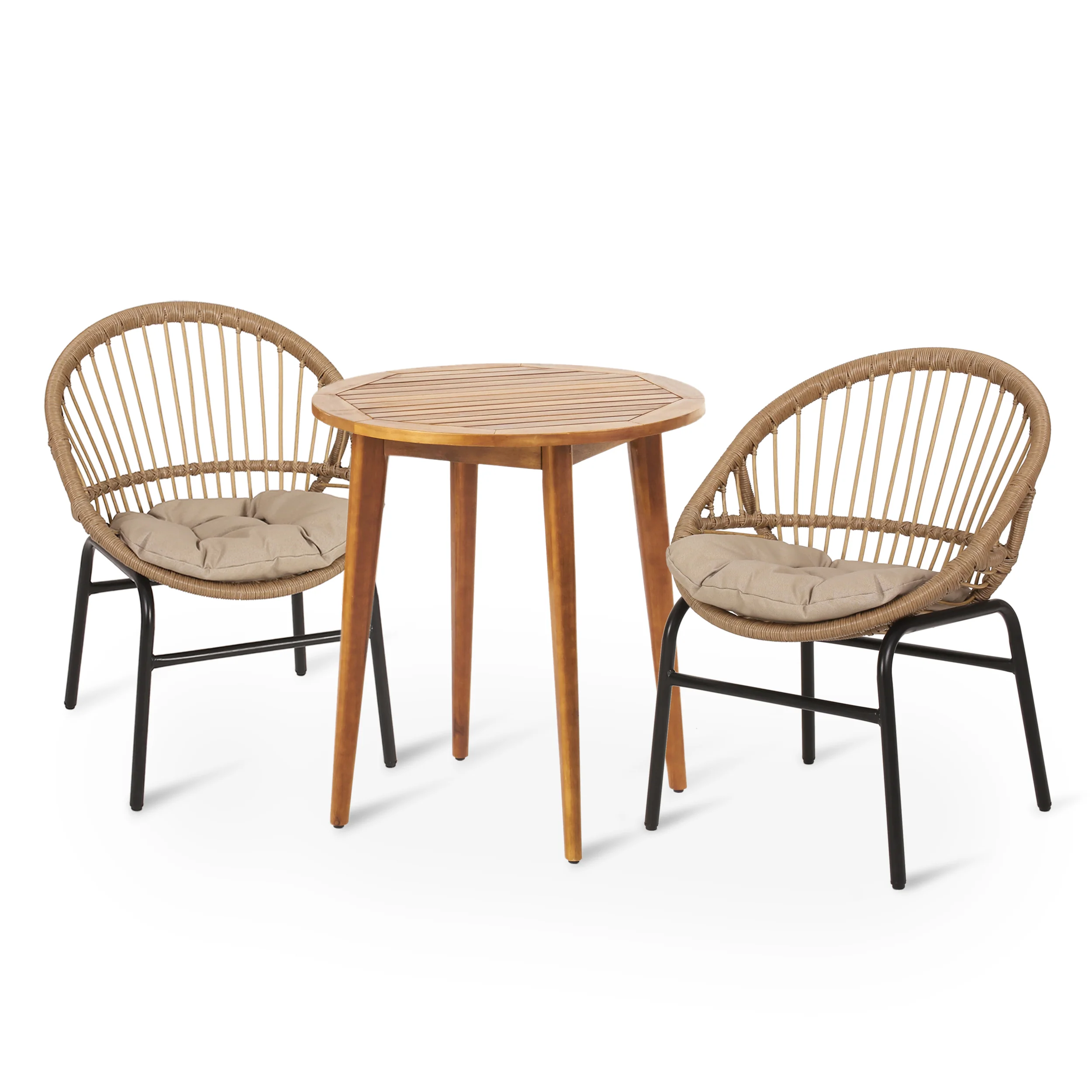 Meriden Outdoor Wicker and Acacia Wood 3 Piece Bistro Set with Cushion, Light Brown, Beige, and Teak - furnishings