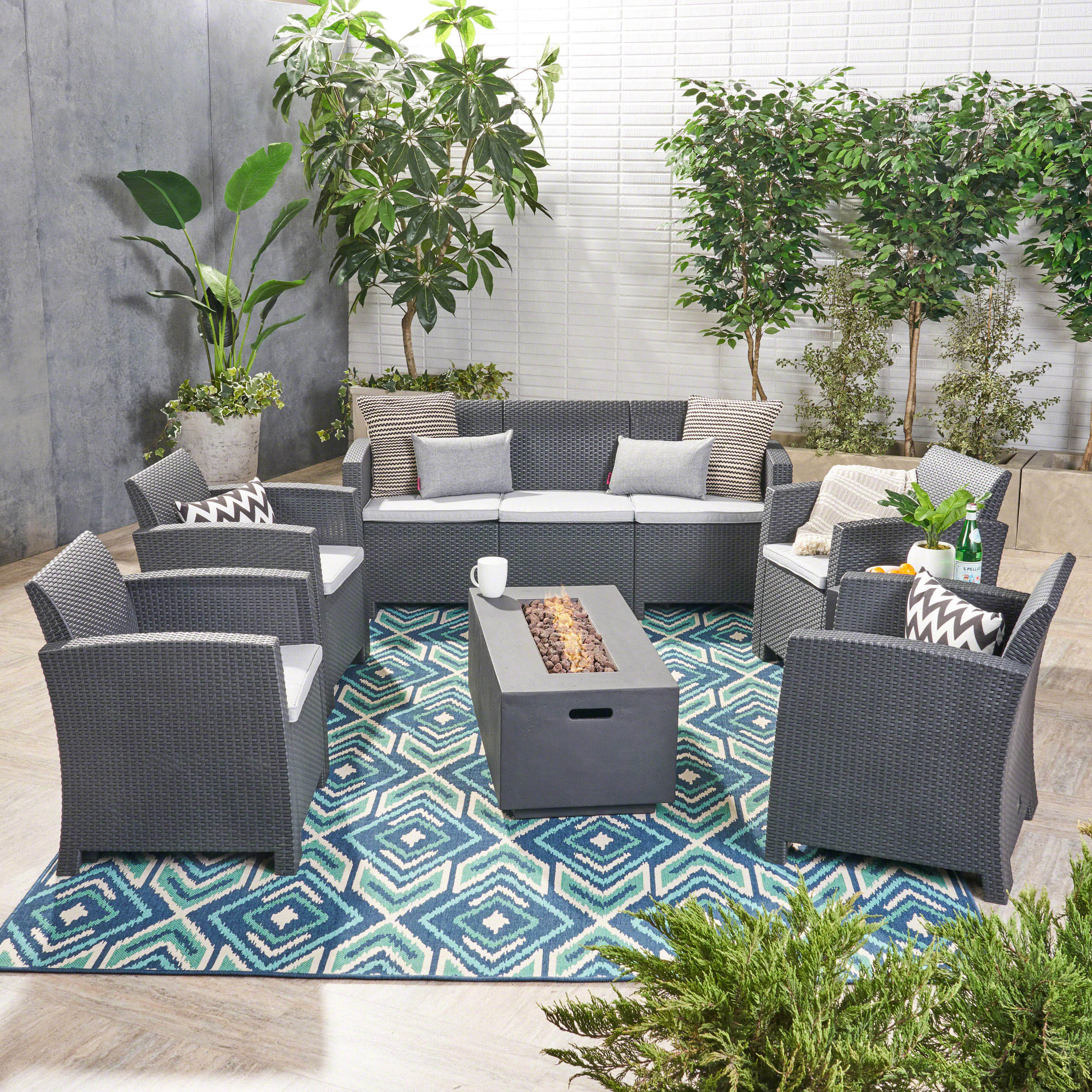 Clay Outdoor 7-Seater Wicker Print Chat Set with Fire Pit and Tank Holder - furnishings