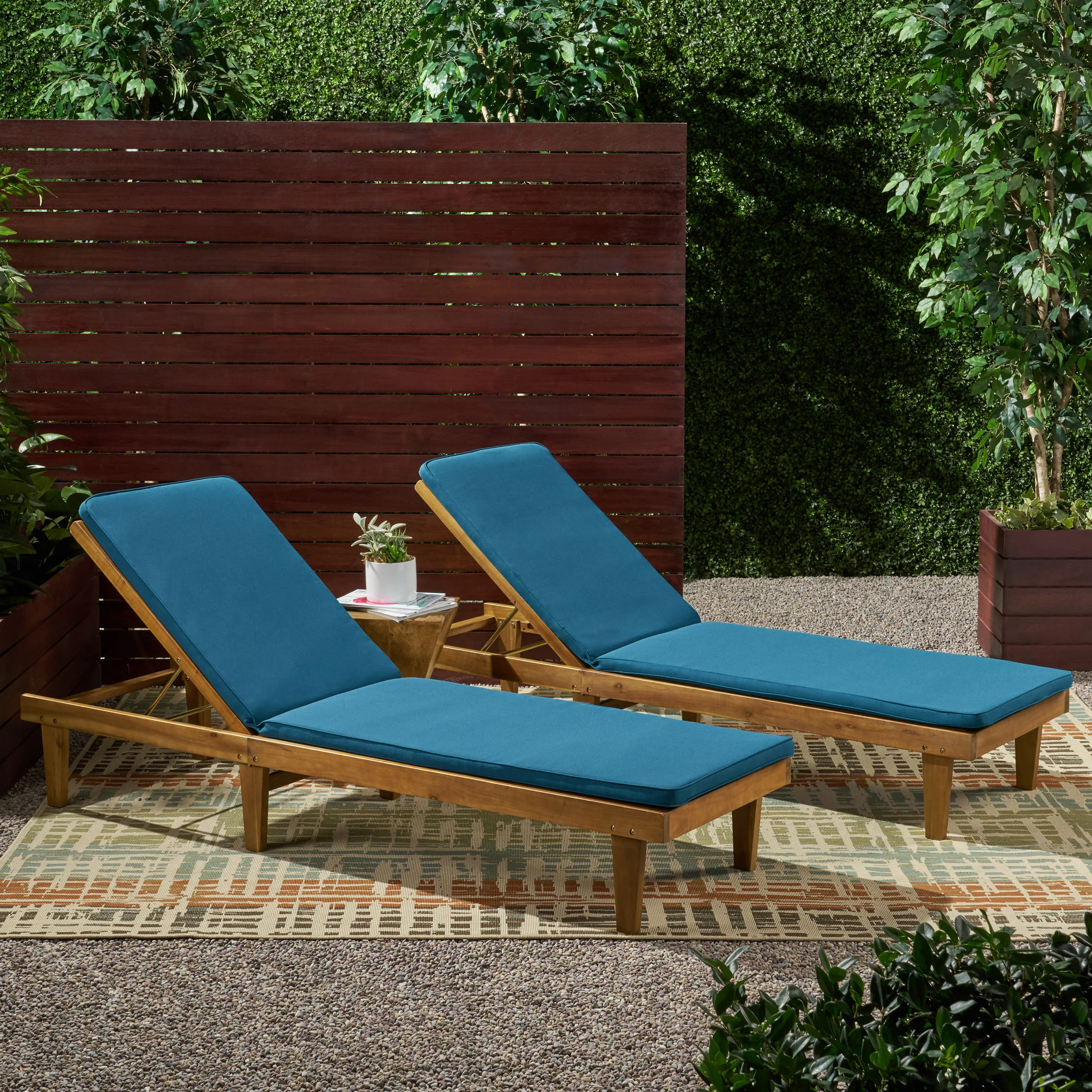 Nadine Outdoor Modern Acacia Wood Chaise Lounge with Cushion (Set of 2) - furnishings