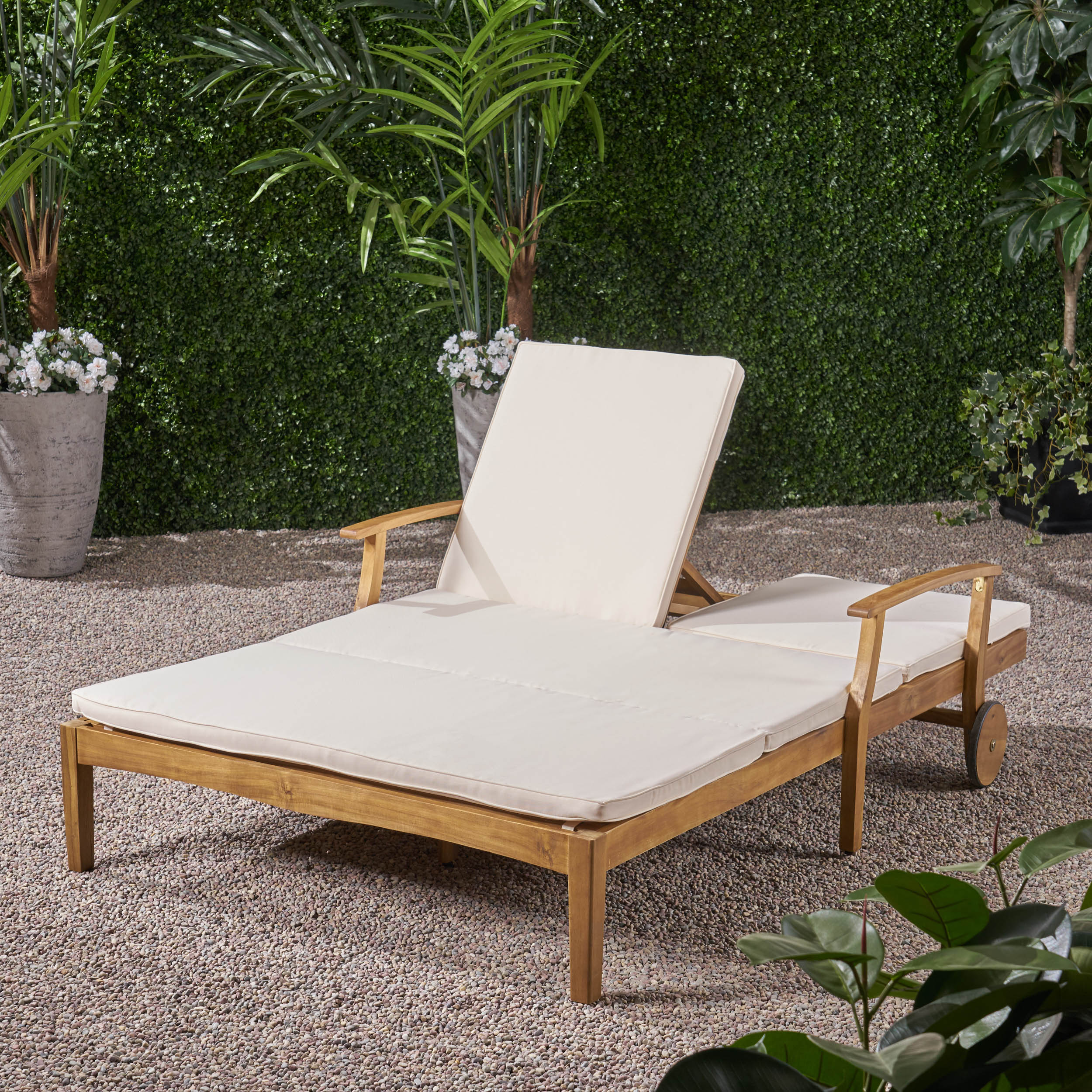 Samantha Double Chaise Lounge for Yard and Patio, Acacia Wood Frame - furnishings