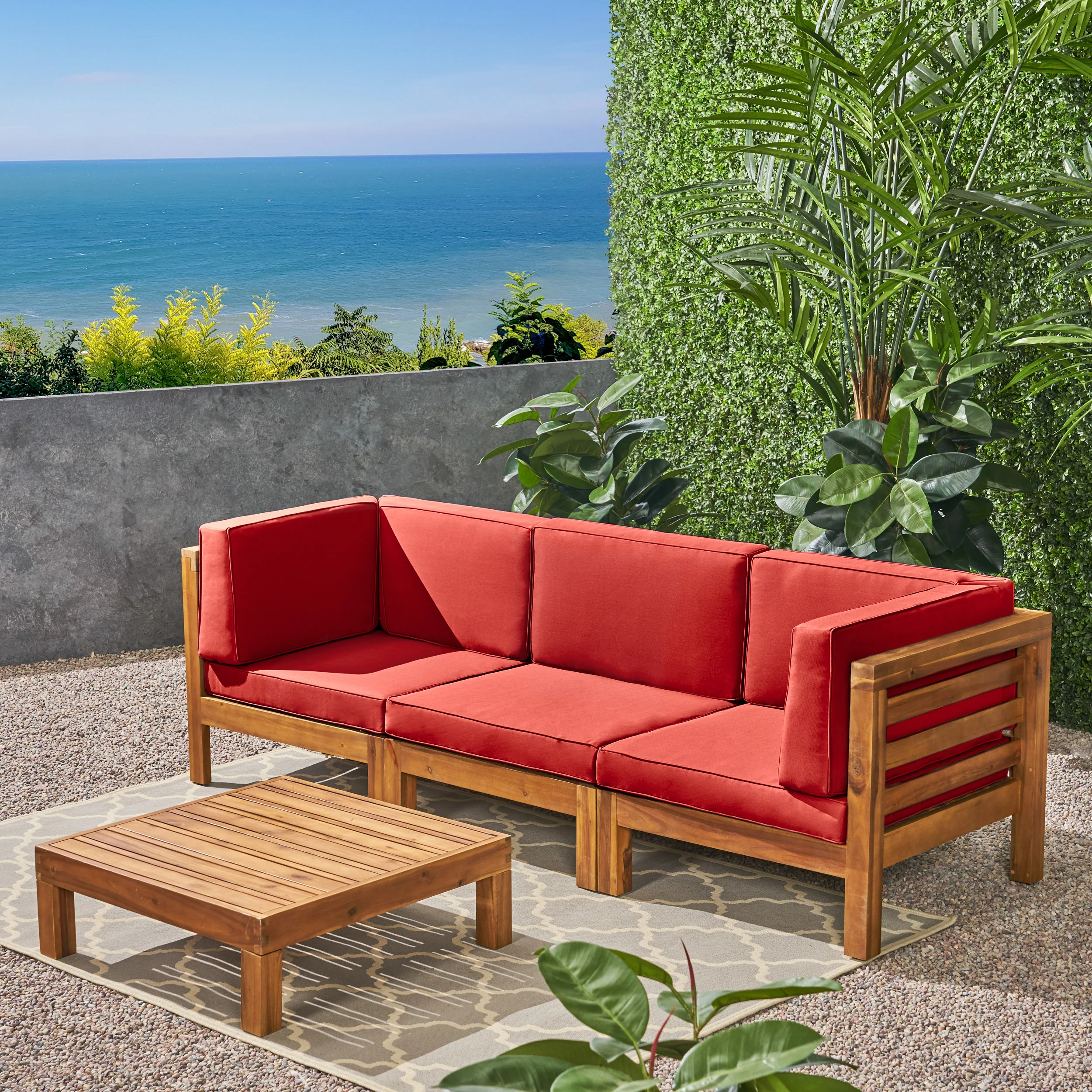 Dawson Outdoor Sectional Sofa Set with Coffee Table - 4-Piece 3-Seater - Acacia Wood - Outdoor Cushions - furnishings