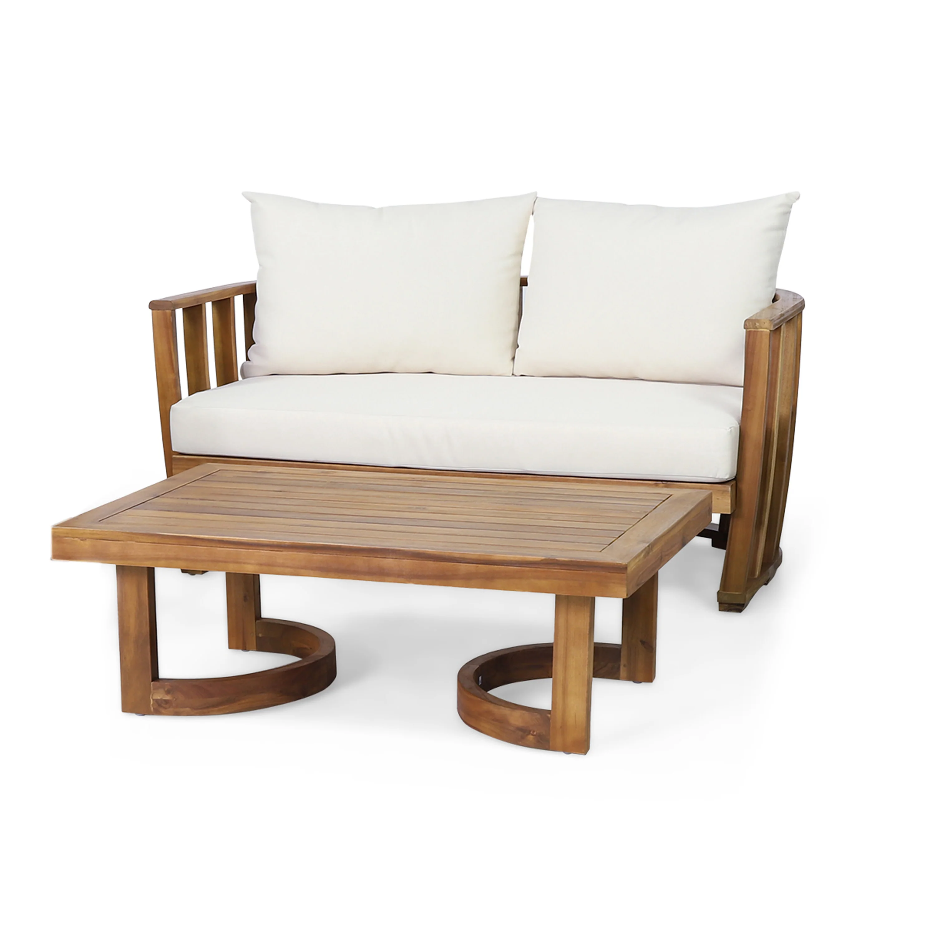 Wallowa Outdoor Acacia Wood Loveseat and Coffee Table Set with Cushions, Teak, Beige - furnishings