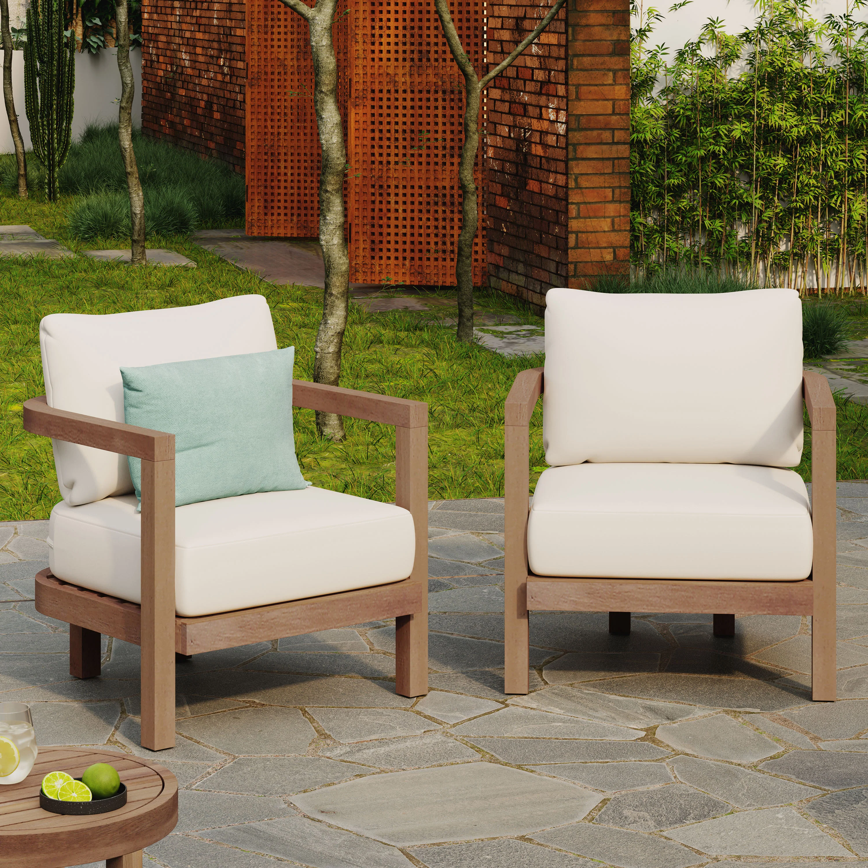 Aston Outdoor Acacia Wood Club Chairs with Cushions, Set of 2, Beige and Brown Wash - furnishings