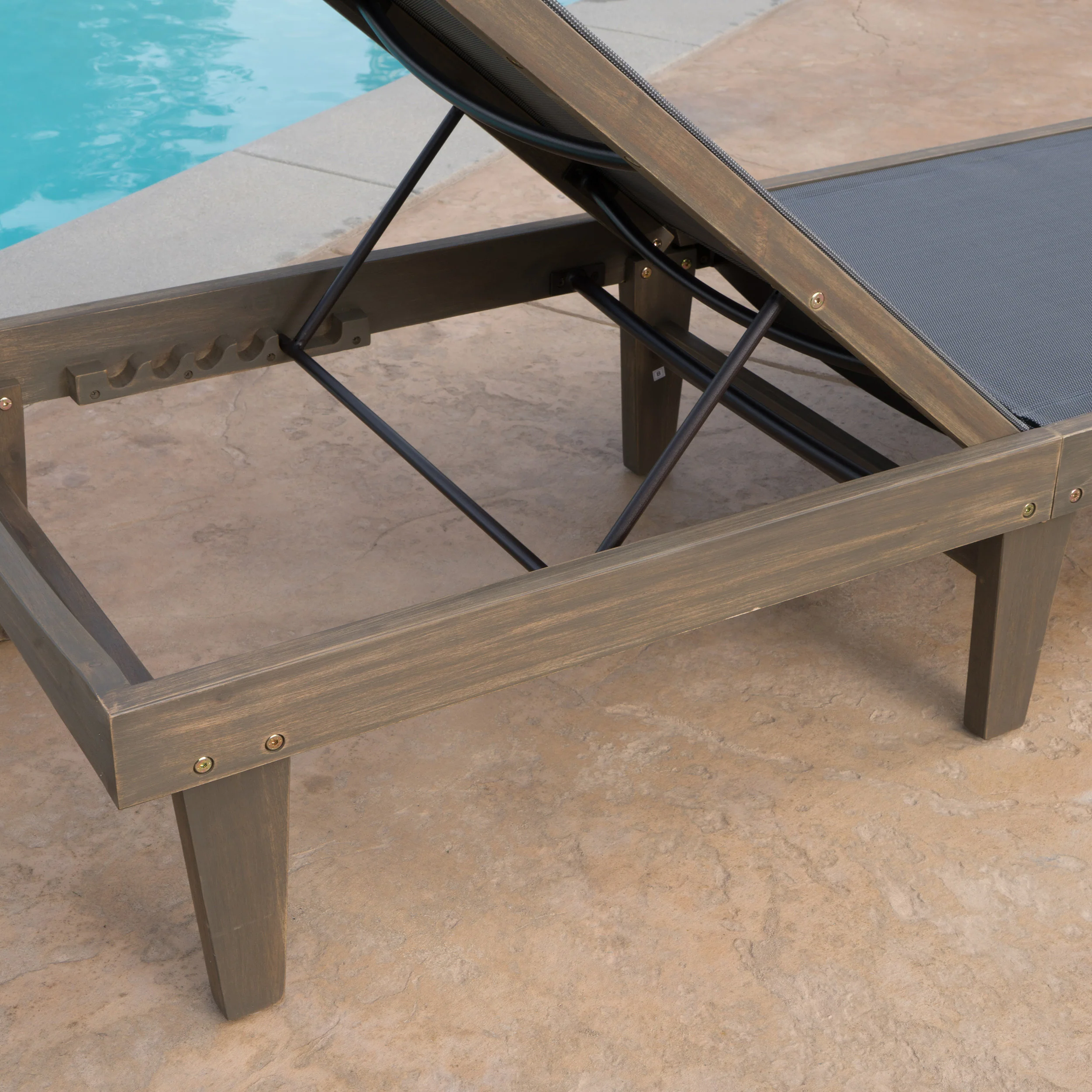 Della Outdoor Mesh Chaise Lounge with Acacia Wood Frame - furnishings