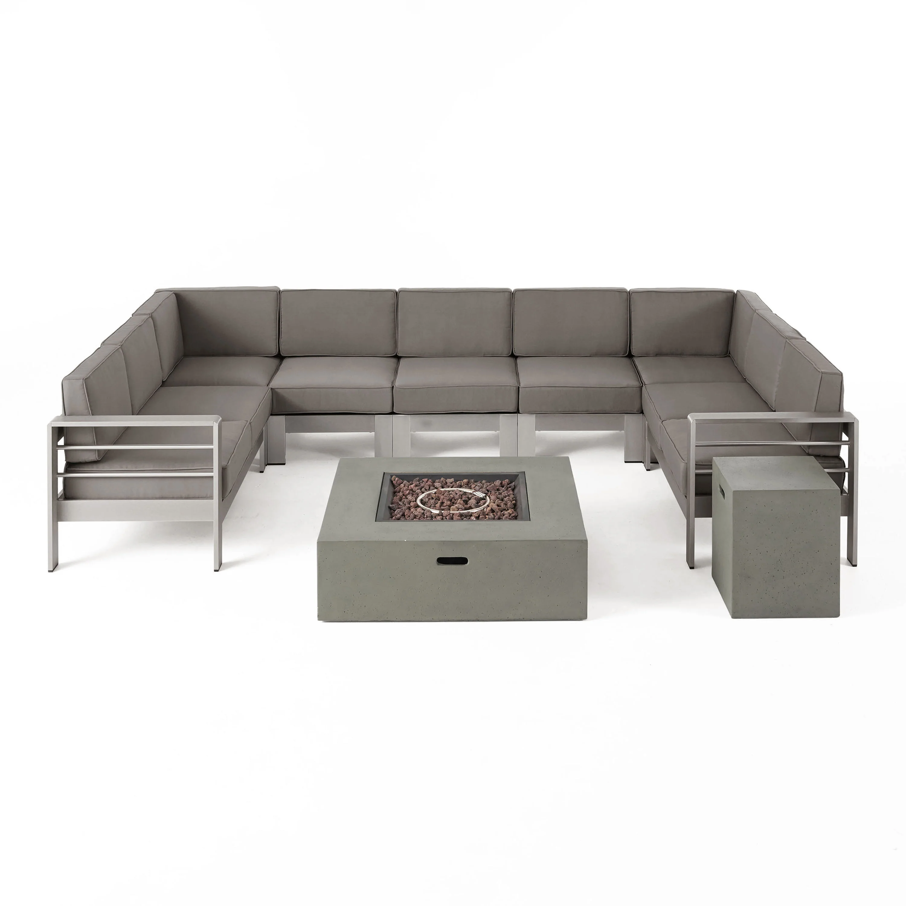 Denise Outdoor 9 Seater Aluminum U-Shaped Sofa Sectional and Fire Pit Set - furnishings