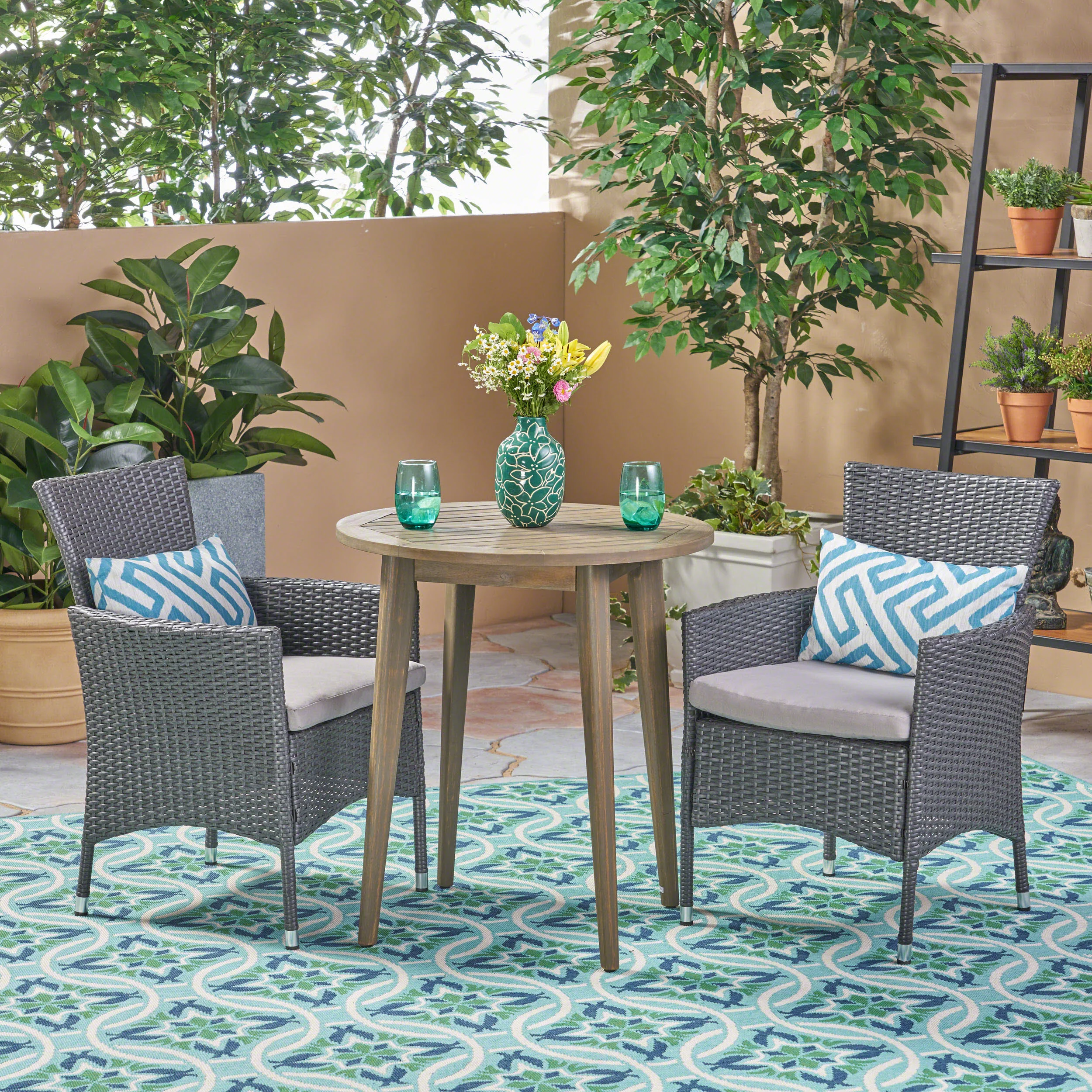 Land Outdoor 3 Piece Wood  and Wicker Bistro Set - furnishings