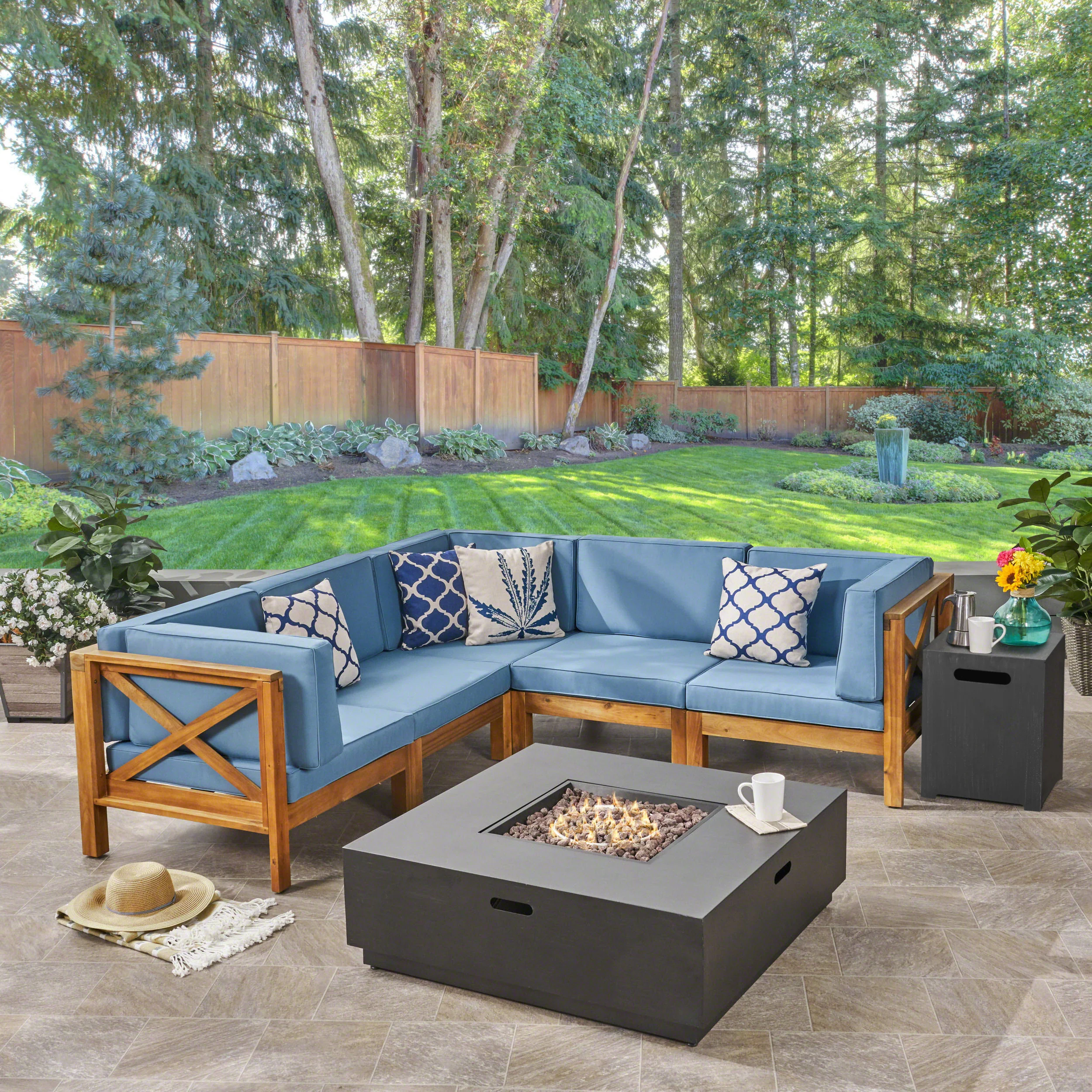 Gina Outdoor Acacia Wood 5 Seater Sectional Sofa Set with Fire Pit - furnishings