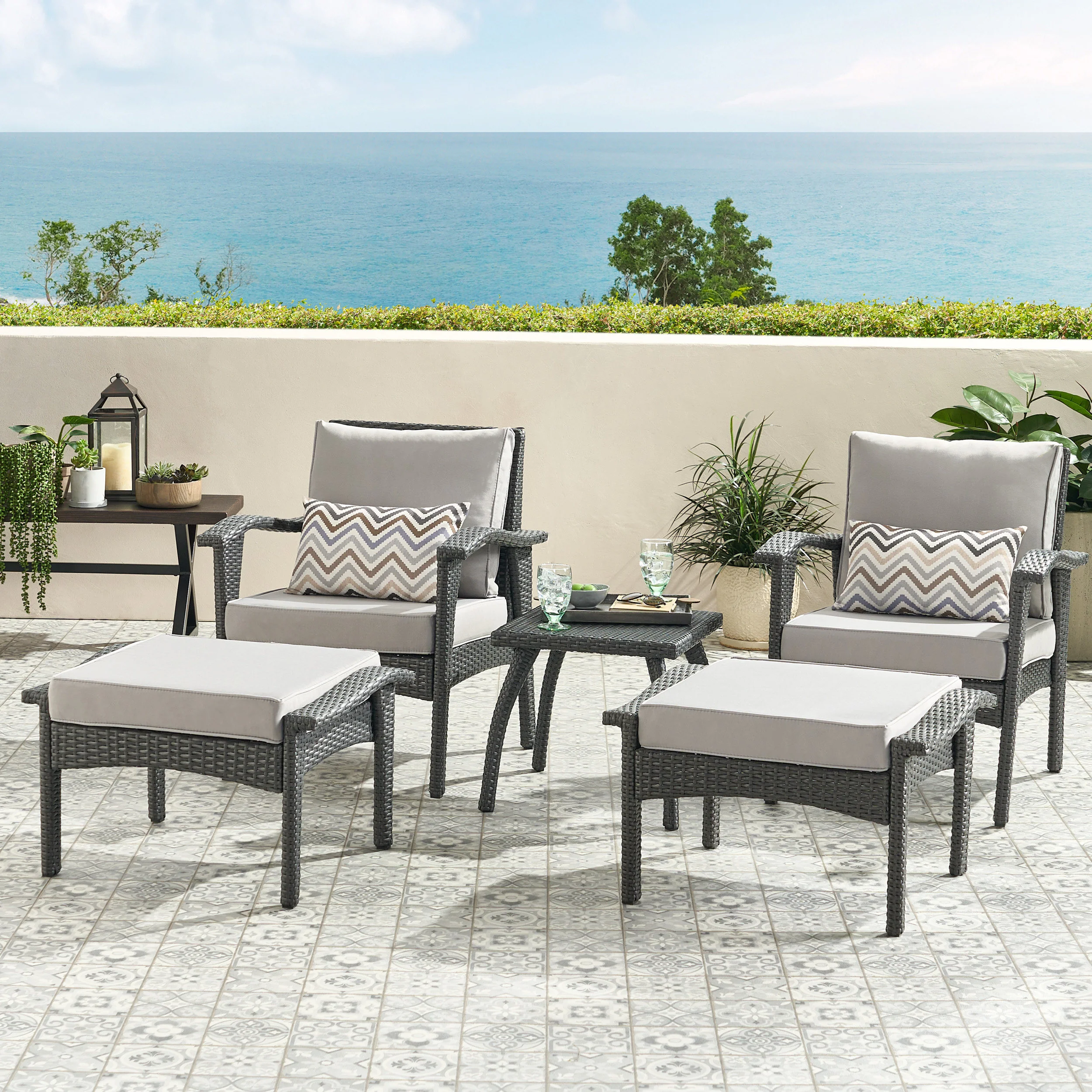 Maui Outdoor 5-piece Grey Wicker Seating Set with Cushions - furnishings