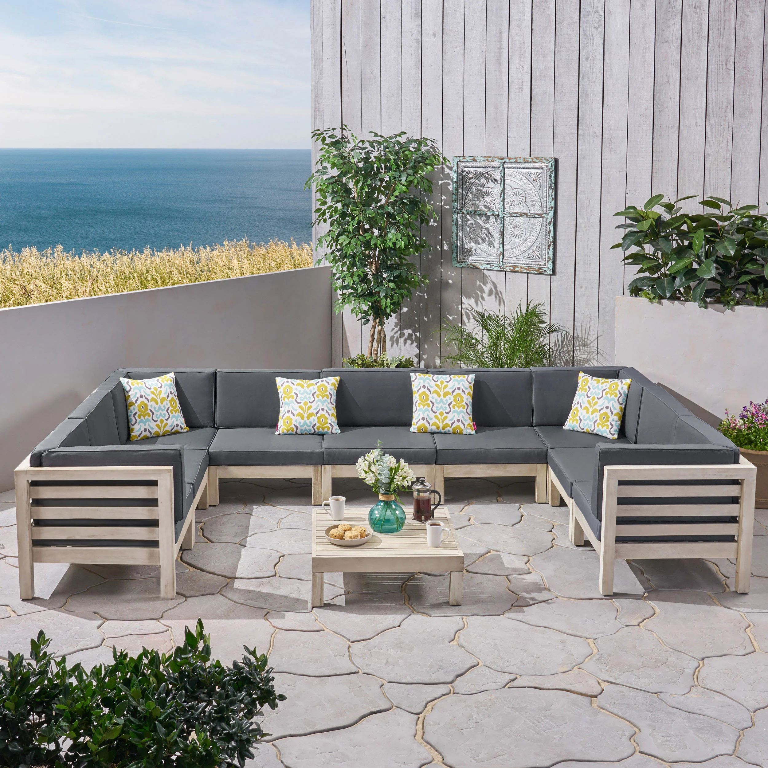 Ravello Outdoor 9 Seater Acacia Wood Sectional Sofa Set, Weathered Gray Finish and Dark Gray - furnishings