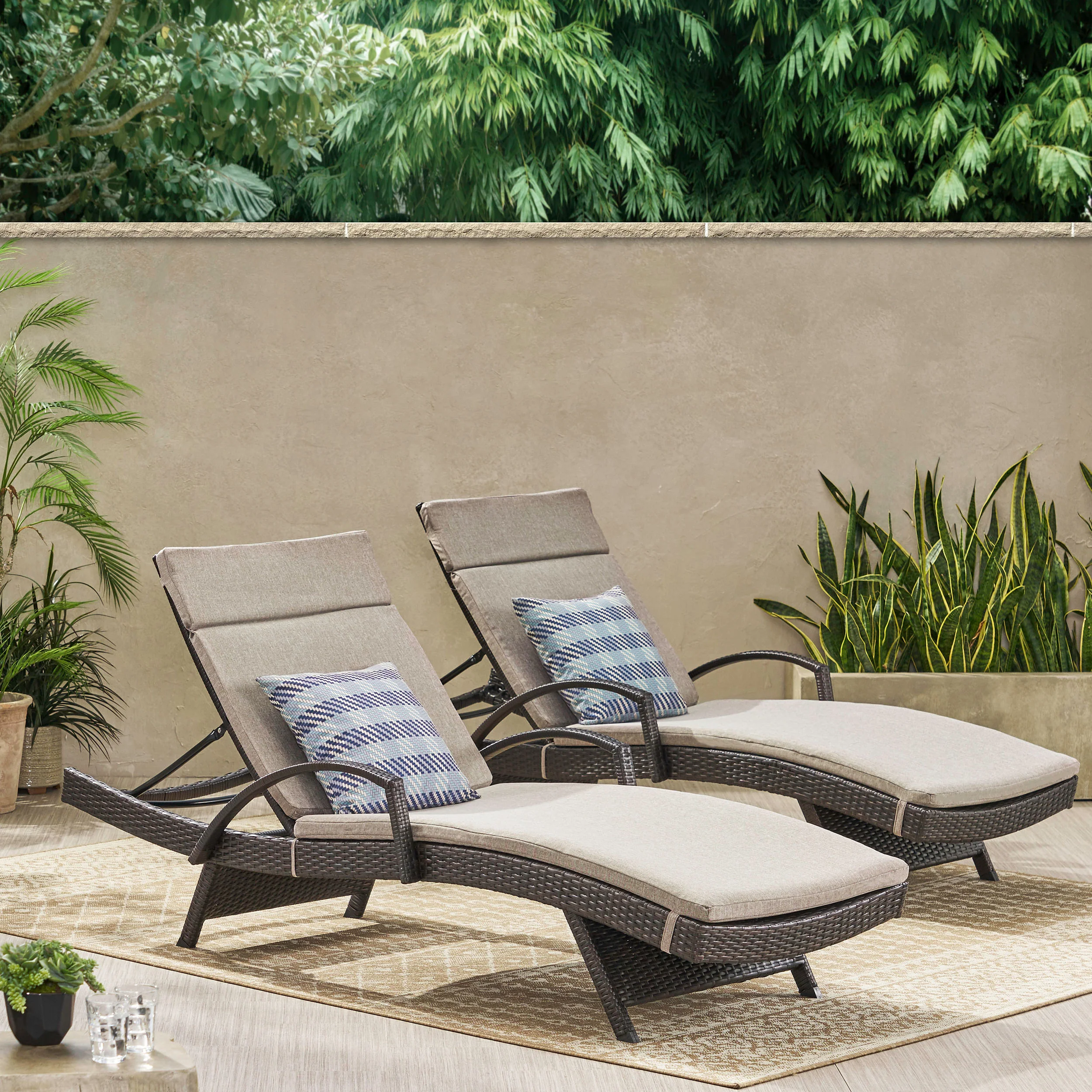 Lakeport Outdoor Wicker Armed Chaise Lounge Chairs w/ Cushions (set of 2) - furnishings