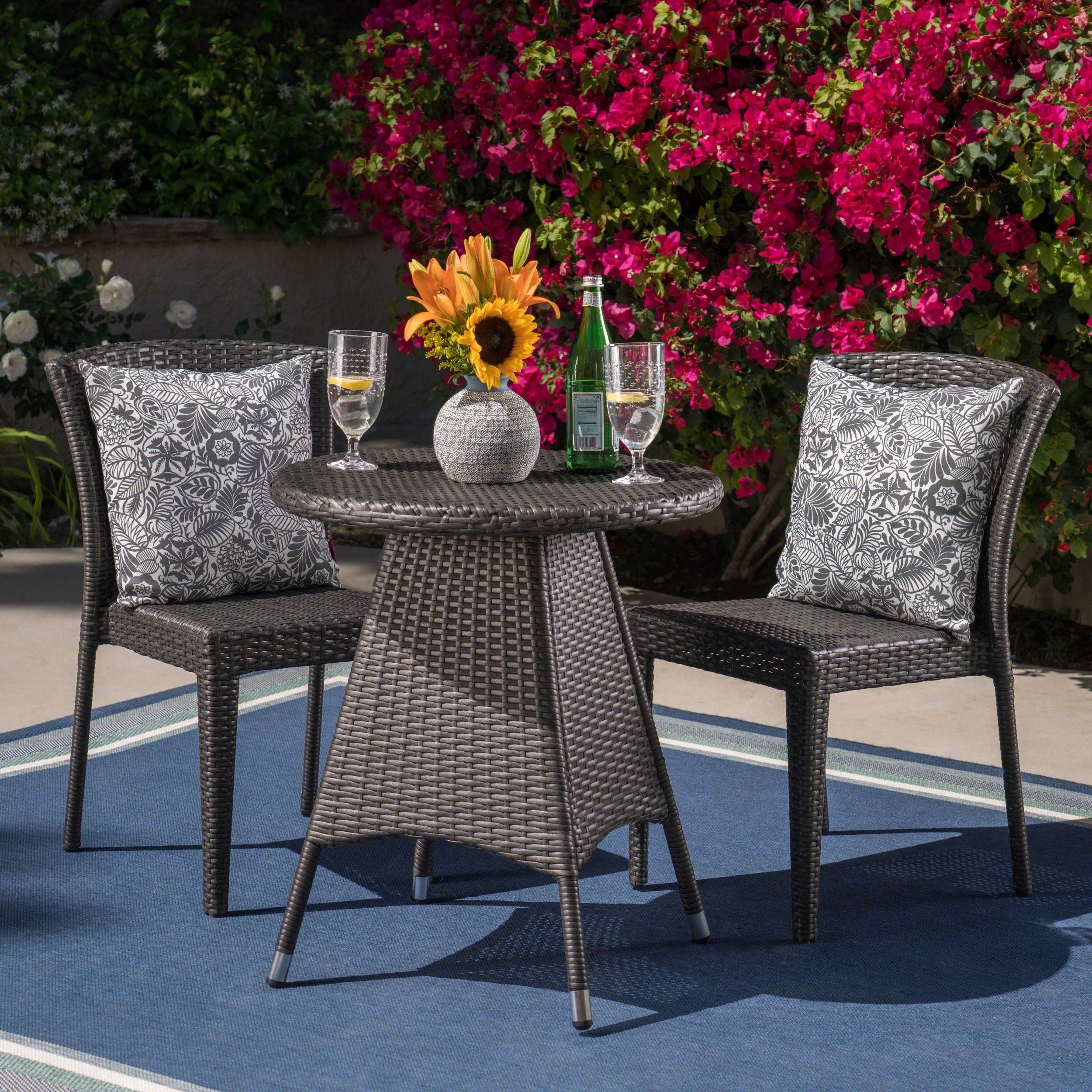 Hale Outdoor 3 Piece Wicker Bistro Set, Grey - furnishings