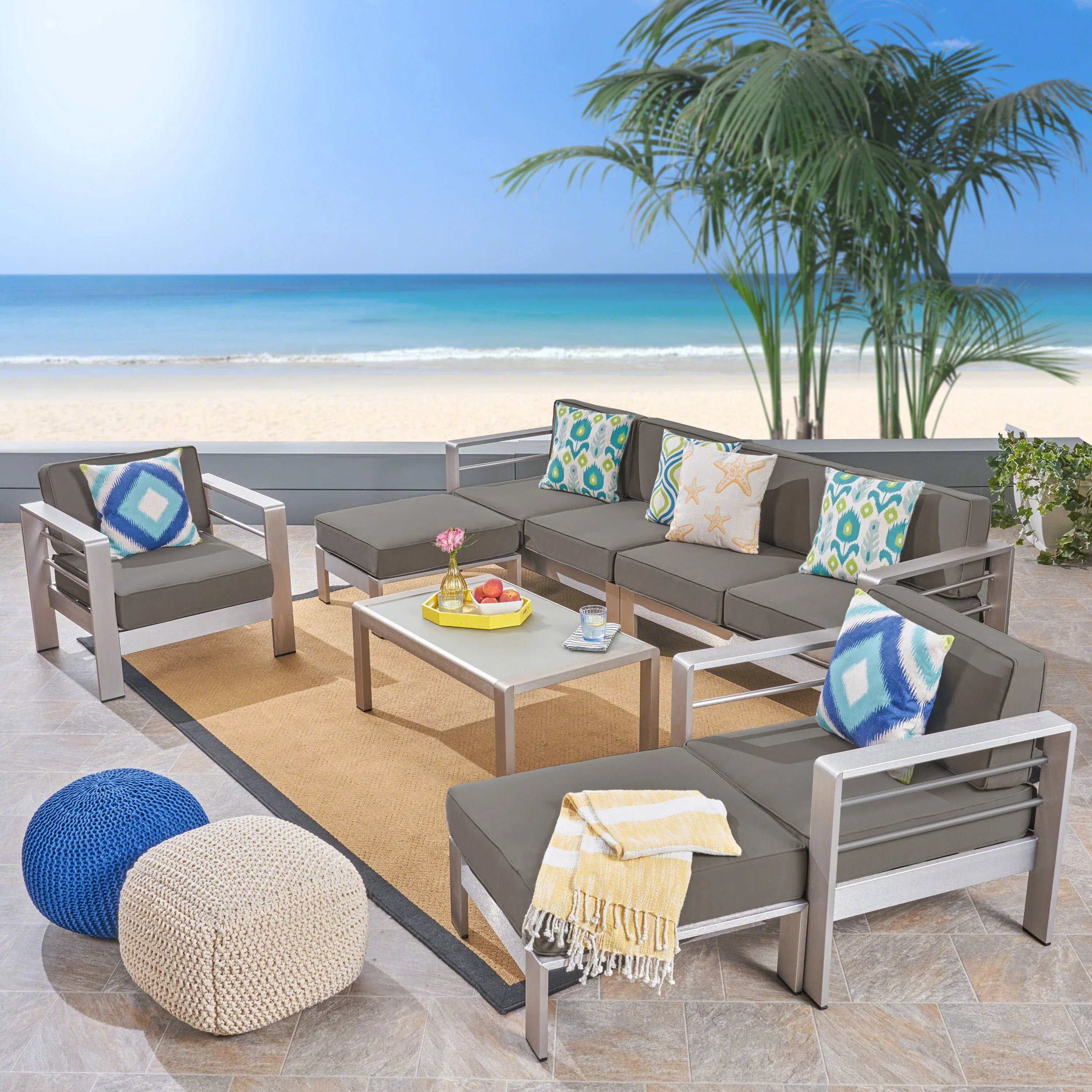 Emily Coral Outdoor Aluminum 6-Seater Sectional Sofa Set with Ottomans and Coffee Table, Silver and Gray - furnishings