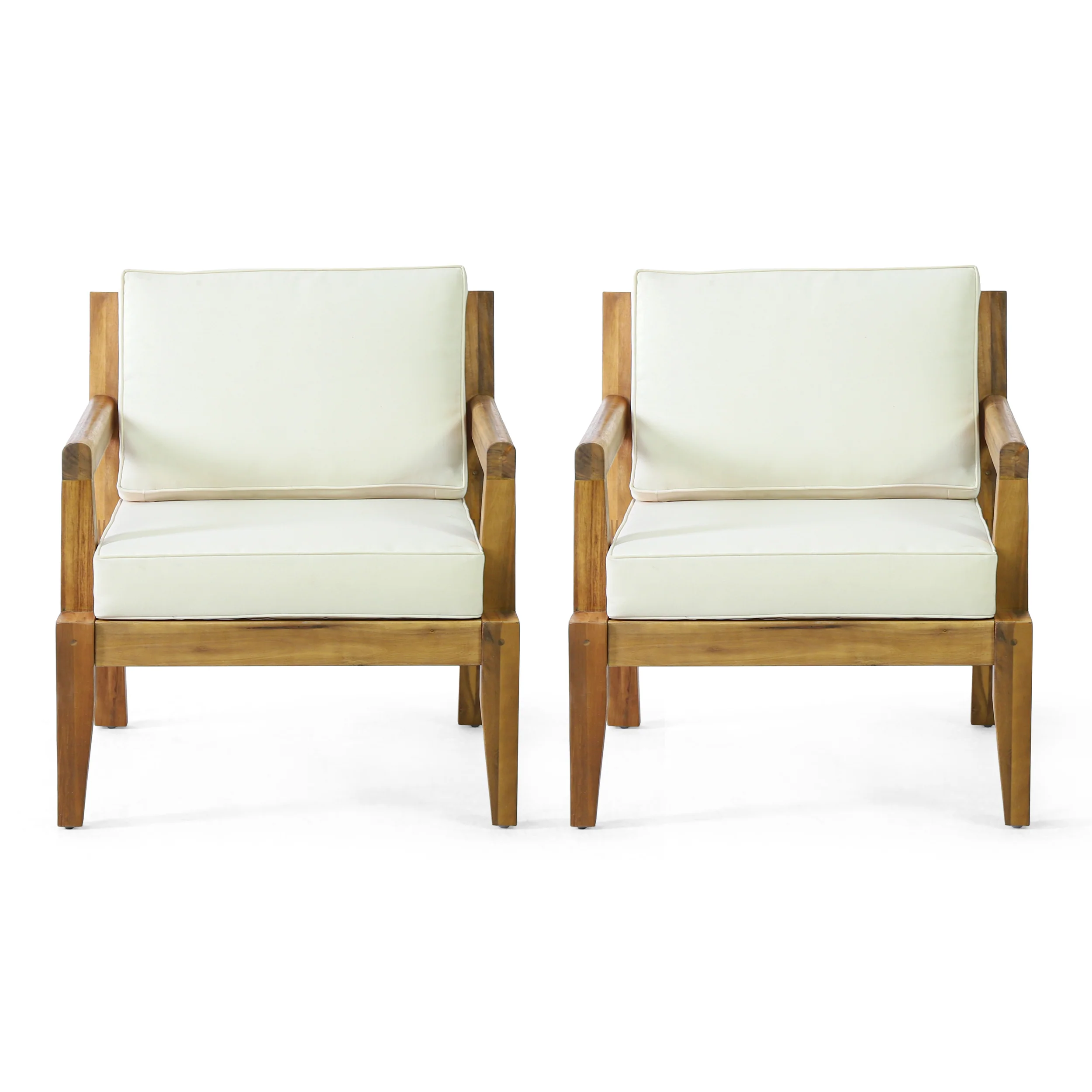Camak Rossville Outdoor Acacia Wood Club Chairs with Cushions, Set of 2, Teak and Beige - furnishings