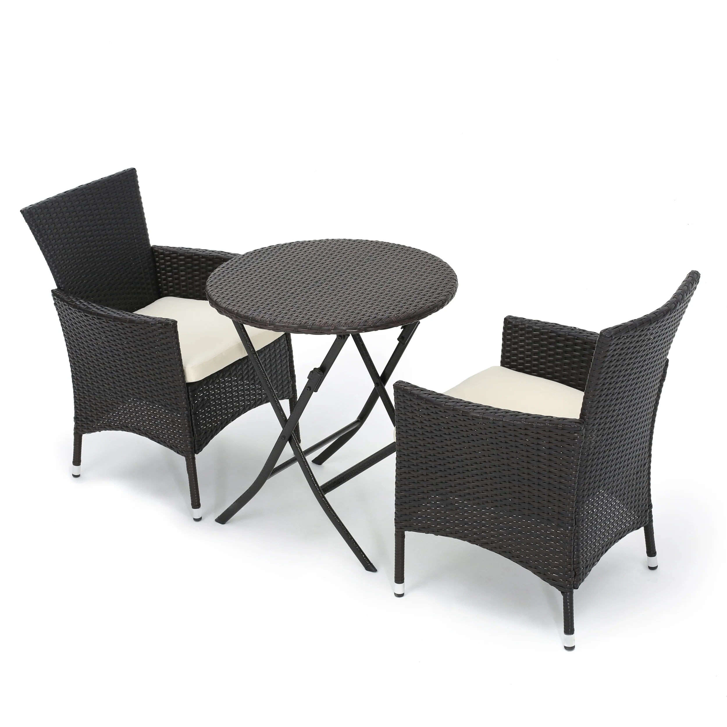 Dorchester Outdoor 3 Pc brown Wicker Bistro Set w/Beige Water Resistant Cushion - furnishings