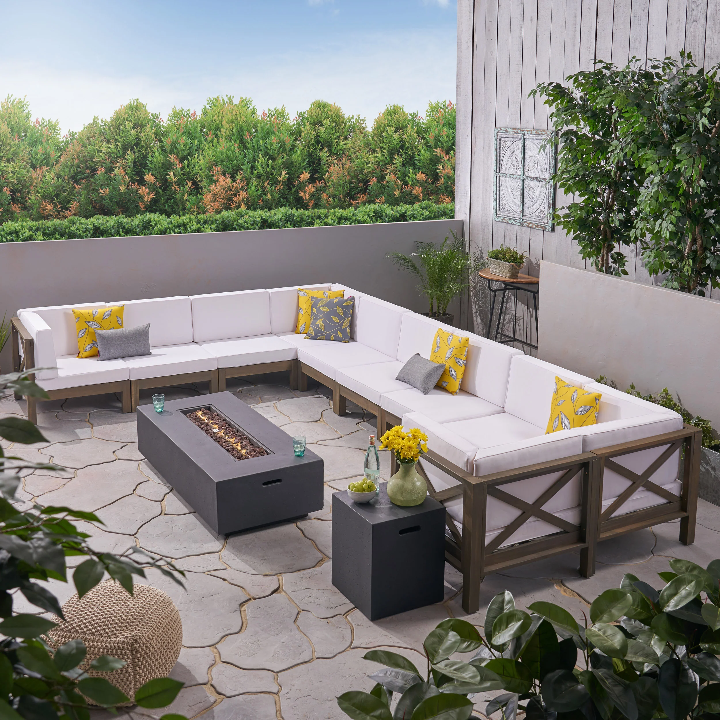 Cynthia Outdoor Acacia Wood 10 Seater U-Shaped Sectional Sofa Set with Fire Pit - furnishings